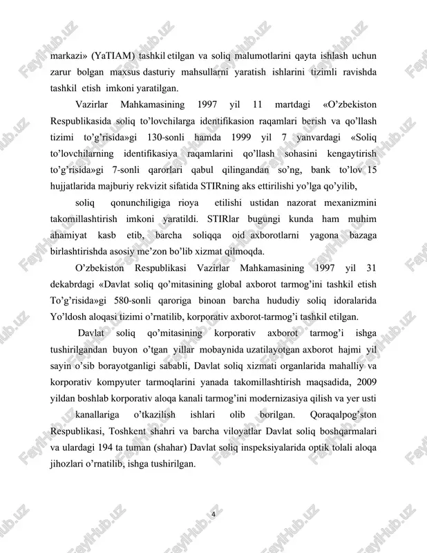 ariga o’tkazilishi orqali ip- telefon aloqasi ham joriy etilgan. bunda, hududiy soliq idoralarida shaharlararo so’zlashuv uchun qo’shimcha haq talab etilmaydi. 1993-2000 yillarda soliq to’lovchilarni hisobga olish, ularning budjet va budjetdan tashqari maqsadli jamg’armalar bilan o’zaro munosabatlari hisobini yuritish ishlari qog’oz shaklida, ya’ni maxsus daftarlar, kitoblar va jurnallarda amalga oshirilgan bo’lsa, dasturiy mahsullar joriy etilishi bilan ushbu jarayonlar bosqichma-bosqich avtomatlashtirilishi qog’oz shaklidagi hujjat aylanishidan deyarli voz kechishga imkon berdi. 6 2. iqtisodiy sohalarida axborot komplekslari o’rtasidagi o’zaro intigratsiyasi. axborot texnologiyasining integratsiyasi haqida tushuncha. harakat mazkur tizim birgalikda qiluvchi kompyuterlar va telekommunikatsiyalar, kompyuter axborot mahsulotlarini ishlab chiqish va qarorlar qabul qilishni qoʻllab – quvvatlash uchun moʻljallangan. shuni qayd etish lozimki, axborot almashuv jarayoni insonning eshitish, koʻrish, anglash a'zolari orqali qabul qiladigan nutq, maʼlumot yoki tasvirlar bilan boshlanadi va tugaydi. keladigan chiqadigan bu elementlar oʻrtasida kompyuterlashgan axborot tizimida turlt darajadagi elektron mahsulotlar boʻladi. bular - operatsion tizimlar, ma'’lumotlar bazalarini bioʻqarish tizimi, amaliy dasturiy …
