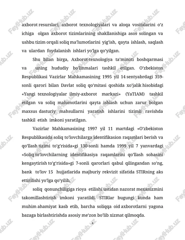 aloqasi ham joriy etilgan. bunda, hududiy soliq idoralarida shaharlararo so’zlashuv uchun qo’shimcha haq talab etilmaydi. 1993-2000 yillarda soliq to’lovchilarni hisobga olish, ularning budjet va budjetdan tashqari maqsadli jamg’armalar bilan o’zaro munosabatlari hisobini yuritish ishlari qog’oz shaklida, ya’ni maxsus daftarlar, kitoblar va jurnallarda amalga oshirilgan bo’lsa, dasturiy mahsullar joriy etilishi bilan ushbu jarayonlar bosqichma-bosqich avtomatlashtirilishi qog’oz shaklidagi hujjat aylanishidan deyarli voz kechishga imkon berdi. 2. iqtisodiy sohalarida axborot komplekslari o’rtasidagi o’zaro intigratsiyasi. axborot texnologiyasining integratsiyasi haqida tushuncha. harakat mazkur tizim birgalikda qiluvchi kompyuterlar va telekommunikatsiyalar, kompyuter axborot mahsulotlarini ishlab chiqish va qarorlar qabul qilishni qoʻllab – quvvatlash uchun moʻljallangan. shuni qayd etish lozimki, axborot almashuv jarayoni insonning eshitish, koʻrish, anglash a'zolari orqali qabul qiladigan nutq, maʼlumot yoki tasvirlar bilan boshlanadi va tugaydi. keladigan chiqadigan bu elementlar oʻrtasida kompyuterlashgan axborot tizimida turlt darajadagi elektron mahsulotlar boʻladi. bular - operatsion tizimlar, ma'’lumotlar bazalarini bioʻqarish tizimi, amaliy dasturiy ta'minot va axborotning oʻzidir. ushbu axborot …
