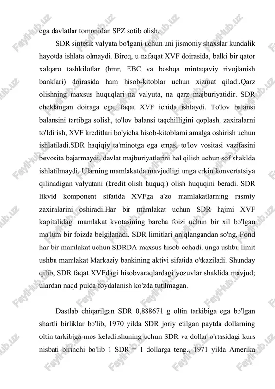 'rib chiqilishi kerak bo'lgan o'ziga xos og'irliklarga ega. oxirgi tuzatishni hisobga olgan holda, 2011 yil 1 yanvardan boshlab sdrda valyutalarning solishtirma og'irliklari: aqsh dollari 41,9% (2006 yil 1 yanvardan boshlab 44%) evro 37,4% (34%) yaponiya iyenasi 9,4% (11%) ingliz funt sterlingi 11,3% (11%). xvfda ishlab chiqilgan sdr kursini dollarga (yoki "savat" ga kiritilgan boshqa valyutaga) hisoblash metodologiyasi uchta asosiy elementni o'z ichiga oladi: valyuta komponenti, shuningdek, besh yillik muddatga o'rnatiladi va so'nggi uch oy ichida "savat" dagi valyutaning o'rtacha bozor kursi bo'yicha dollarga nisbatan solishtirma og'irligi mahsuloti sifatida hisoblab chiqiladi va oldingi sdr kursiga moslashtiriladi. dollarga (2006 yil 1 yanvardan boshlab aqsh dollarining valyuta komponenti 0,632; evro-0,410; iyena-18,4; ingliz. f. st. 0,090). sdr kursini hisoblash uchun xvf uchun o'rtacha kunlik valyuta kurslari to'g'risida angliya bankining kundalik ma'lumotlariga asoslanib, dollarga nisbatan valyuta kurslari. oldingi ikki ko'rsatkich mahsulotlarining yig'indisi sifatida hisoblangan valyuta tarkibiy qismlarining dollar komponenti (ya'ni 1 x 2) sdr uchun …