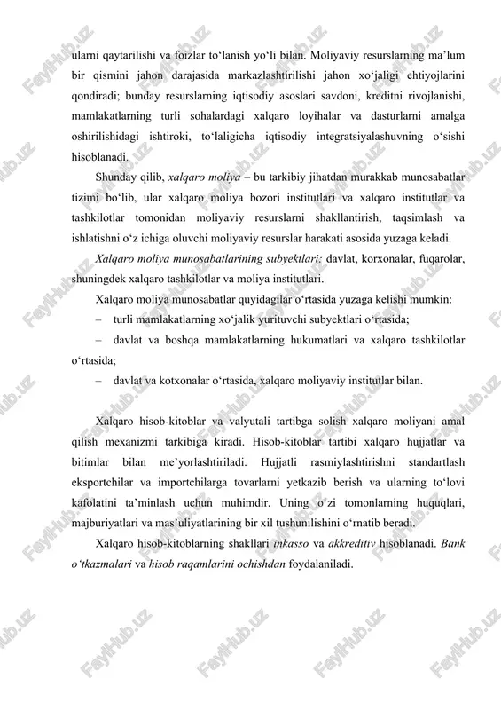 lotlar moliyasi va xalqaro moliyaviy institutlar xalqaro iqtisodiy tashkilotlar (xit) xalqaro bitim asosida ma’lum iqtisodiy aloqalarni (valyuta, kredit, soliq, transport, tovar almashuvi va h.k.) olib borish maqsadida tuzilgan tashkilotdir. xit – tuzilishining asosiy maqsadi jahon hamjamiyatida yoki ma’lum mintaqada iqtisodiy hamkorlikni kengaytirishdir. xitlar faoliyat ko‘lami nuqtai nazaridan jahon miqyosidagi yoki mintaqaviy tashkilot bo‘lishi mumkin. jahon miqyosidagi (umumjahon) xitlar: xalqaro valyuta jamg‘armasi, jahon banki, umumjahon savdo tashkiloti, xalqaro mehnat tashkiloti, bmt ning iqtisodiy-ijtimoiy kengashi, unga tegishli maxsus muassasalar, jahon islom konferensiyasi tashkiloti va h.k. mintaqaviy xitlar: iqtisodiy hamkorlik tashkiloti (eko), bmt ning mintaqaviy tashkilotlari – eskato, yeek va h.k. xit shu tashkilotning umumiy tamoyillari va yo‘nalishini belgilovchi yuridik hujjat asosida o‘z faoliyatini olib boradi. bu hujjat har bir a’zo tomonidan imzolanib, nizom (ustav), deklaratsiya yoki bitim tarzida bo‘ladi. nima uchun bu tashkilotlar xaqida chuqurrok bilishimiz kerak? chunki, dunyo hamjihatligiga, iqtisodiy hamkorlik rivojini ta’minlashga, integratsion jarayonlarga bir tomondan davlatlararo munosabatlar bilan chiqilsa, …