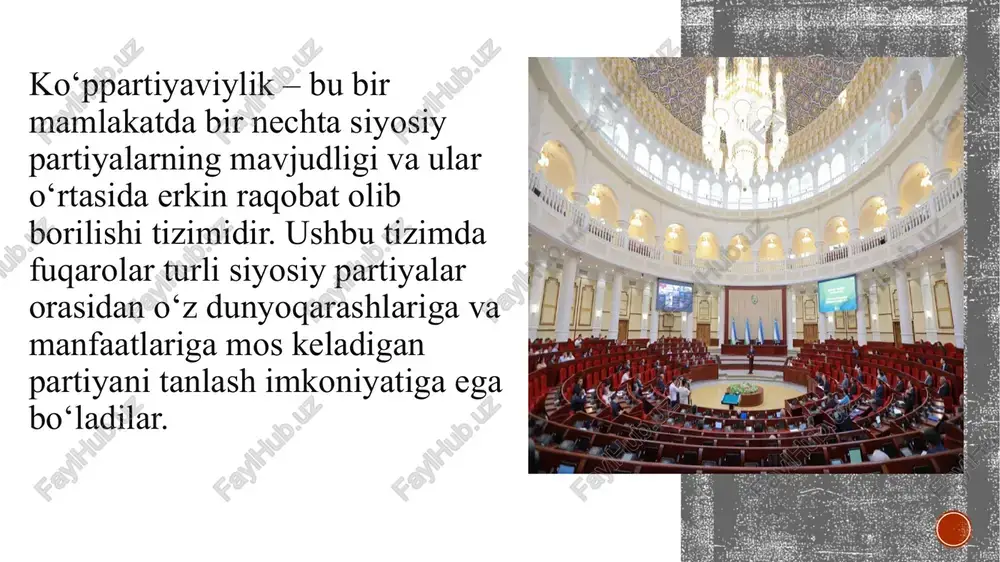 ʼzosi bor. respublika hududlarida 5 minga yaqin boshlang‘ich partiya tashkilotlariga ega. partiya siyosiy kengashining raisi – bahrom abdurahmonov. matbuot organi – “adolat” ijtimoiy-siyosiy gazetasi. partiya ustavida belgilangan asosiy maqsadi – huquqiy-demokratik davlat, ijtimoiy lik jamiyatini barpo etish. asosiy maqsadi – huquqiy-demokratik davlat, ijtimoiy yo‘naltirilgan bozor iqtisodiyotiga asoslangan kuchli adolatli fuqarolik jamiyatini barpo etish hamda o‘zbekiston hududida yashayotgan barcha millat va elatlarning umumiy manfaatlariga mos keladigan, fuqarolarning qonun oldida tengligi, birdamligi, konstitutsiyaviy huquq va erkinliklari taʼminlangan maʼnaviy jipslashgan jamiyatni shakllantirishda faol ishtirok etish deya belgilangan. “milliy tiklanish” demokratik partiyasi – 2008-yil 20-iyunda milliy tiklanish va fidokorlar partiyalarining birlashuvi asosida shakllangan. partiyaning aʼzolari soni 490 minga yaqin. “milliy tiklanish” partiyasi markaziy kengashi raisi – alisher qodirov. partiya ustaviga muvofiq asosiy maqsadi – o‘zbekiston respublikasi fuqarolarida milliy o‘zlikni anglashning o‘sishi, milliy g‘urur, vatanga sadoqat va muhabbat tuyg‘usini shakllantirish hamda mustahkamlash uchun qulay sharoitlar yaratish ekanligi taʼkidlanadi. o‘zbekiston liberal-demokratik partiyasi (o‘zlidep) – 2003-yilning 15-noyabrida …
