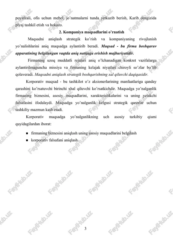 adi (iste‟molchilarning qanday guruhlari)? · qanday ehtiyojlar qondiriladi (iste‟molchilarning qaysi ehtiyojlari)? · iste‟molchilarning ehtiyojlari qanday qondiriladi (san‟at yoki farq qiluvchi ustunliklar)? diversiyalangan kompaniya uchun «bizning biznesimiz nimadan iborat?» degan savol ikki tabaqada ko’rib chiqilishi kerak: · xo’jalikning o’rta bo’g’inlari uchun iste‟molchiga yo’naltirilgan (birgina biznes bilan shug’ullanuvchi kompaniya uchun ham); · korporatsiya miqyosidagi xo’jalikning o’rta bug’inlari portfeliga yo’naltirilgan. bu esa quyidagilarni o’z ichiga oladi: · kompaniya portfelining maqsadlari; · xo’jalikning o’rta bug’inlari portfeli diversifikatsiyasi; · portfeldagi xo’jalikning o’rta bug’inlari o’rtasidagi balans. 3. uzoq muddatli va qisqa muddatli maqsadlar maqsadlarni qo’yish - biznes missiyasining maxsus maqsadlar qatoriga aylanish jarayonidir. ayni paytda tashkilotning har bir bo’linmasini kerakli tomonga yo’naltirish jarayoni ham ana shunday boshlanadi. maqsadlar menejer muvaffaqiyatga erishish uchun muhim deb hisoblagan har bir muhim natija uchun zarurdir. maxsus muhim natijalar odatda tarmoqning miqyosi va darajasini, ishning rivojlanishi, investitsiyalarning qaytarilishini, dividendlarning o’sishini, bozorning o’lchamlarini, sifatli mahsulotning yoki texnologik peshqadamlikning obro’sini, beqaror iqtisodiyotda ishlay …