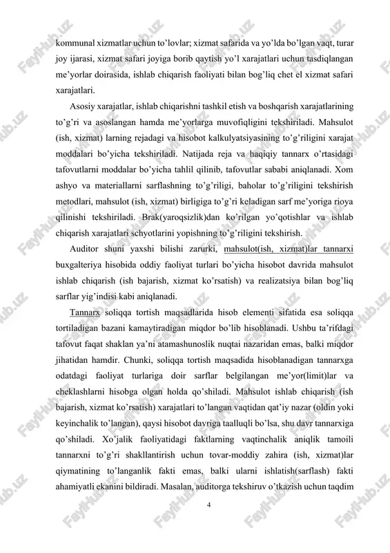 iradigan miqdor bo’lib hisoblanadi. ushbu ta’rifdagi tafovut faqat shaklan ya’ni atamashunoslik nuqtai nazaridan emas, balki miqdor jihatidan hamdir. chunki, soliqqa tortish maqsadida hisoblanadigan tannarxga odatdagi faoliyat turlariga doir sarflar belgilangan me’yor(limit)lar va cheklashlarni hisobga olgan holda qo’shiladi. mahsulot ishlab chiqarish (ish bajarish, xizmat ko’rsatish) xarajatlari to’langan vaqtidan qat’iy nazar (oldin yoki keyinchalik to’langan), qaysi hisobot davriga taalluqli bo’lsa, shu davr tannarxiga qo’shiladi. xo’jalik faoliyatidagi faktlarning vaqtinchalik aniqlik tamoili tannarxni to’g’ri shakllantirish uchun tovar-moddiy zahira (ish, xizmat)lar qiymatining to’langanlik fakti emas, balki ularni ishlatish(sarflash) fakti ahamiyatli ekanini bildiradi. masalan, auditorga tekshiruv o’tkazish uchun taqdim qilingan hujjatlar mazmunidan ma’lum bo’lishicha, tekshirilayotgan korxona tomonidan o’tgan yili dekabr oyida keyingi yil uchun ishlab chiqarish binolarining ijara haqi to’langan. ushbu sarf shu vaqtning o’zida ya’ni o’tgan yili dekabr oyida mahsulot(ish, xizmat)lar tannarxiga olib borilgan. auditor ushbu xo’jalik muomalasini asossiz, ya’ni o’tgan yildagi mahsulot (ish, xizmat) lar tannarxini sun’iy ravishda oshirgan va moliyaviy natijani hamda foyda …