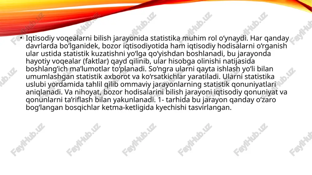 atilayotgan hodisaning eng kam tebranishga ega bo‘lgan holatiga tenglashtirilishi; • har teng vaqt oralig‘ida ro‘yxatlarni takrorlab turish; • yangi ro‘yxatni o‘tkazayotganda olinadigan natijalarni taqqoslamaligini ta’minlash niyatida oldingi kuzatish tartibini saqlab qolish kerak. ro‘yxat – bu barqaror hodisalarning keskin fursatda mavjud holati haqidagi ma’lumotlarni yoppasiga kuzatish yo‘li bilan vaqtma-vaqt to‘plash jarayoni. biznes-tekshirishlar savolnomalar yordamida iqtisodiy holatni tahlil qilish va qisqa muddatli iqtisodiy istiqbolni belgilash uchun savol-javob yo‘li bilan tadbirkorlardan ma’lumotlar to‘plashdir. joriy maxsus tekshirishlar - bu maxsus respondentlarni yollab hodisalar haqida boshlang‘ich ma’lumotlarni muntazam yoki vaqtma-vaqt qayd qilish yo‘li bilan to‘plash jarayonidir. foydalanilgan adabiyotlar “davlat statistika shisobotini ta=dim etish tartibini buzganlik uchun javobgarlik sha=ida” izbekiston respublikasi vazirlir mashkamasining =arori. eliseeva i.i. obshaya tioriya statistiki. – m.: finansi i statistika, 2005, 30-78 str. soatov n.m. statistika. darslik. – t.: tibbiyot nashriyoti, 2003, 36-93 b. deev g., krutova t. metod osnovnogo massiva v statisticheskix nablyudeniyax. vestnik statistiki, 1992, №5, 39-43 b. peter fon …