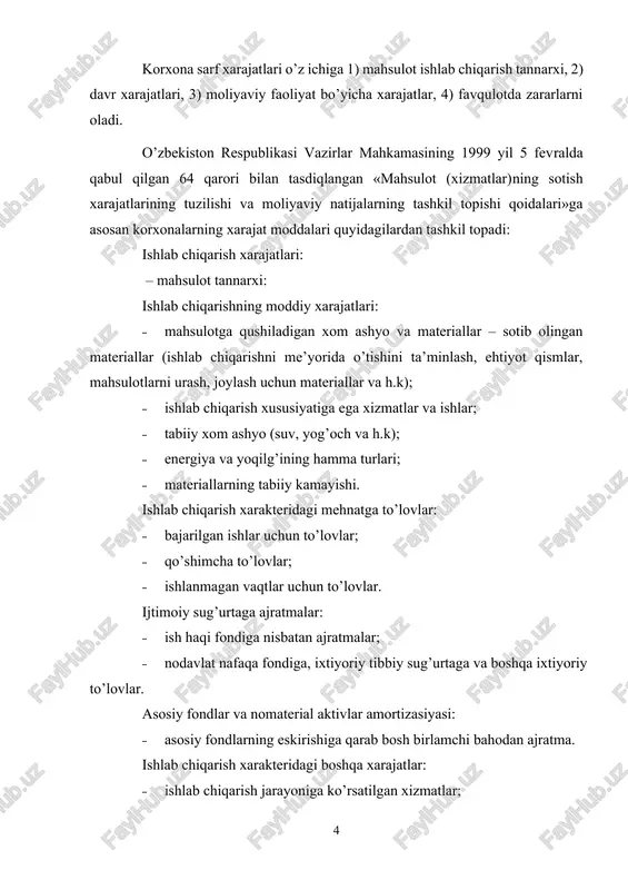 aruvning texnik vositalari, aloqa, signalizasiya, hisoblash markazi va h.k. · boshqaruvdagi asosiy fondlar amortizasiyasi; · xizmat safari xarajatlari. boshqa operasion xarajatlar: · kadrlar tayyorlash; · qurilishdagi kamchiliklarni yo’qotish; · maslahatlar berish va axborotlar xizmati to’lovlari, auditlar xizmati to’lovlari va h.k. -moliyaviy faoliyat xarajatlari: · banklarning uzoq va qisqa muddatli kreditlari uchun to’lovlar; · uzoq muddatli ijara uchun to’lovlar; · valyuta kursining o’zgarishi sababli foyda va zararlar; · korxonaning o’z qimmatbaho qog’ozlarini chiqarish va tarqatish xarajatlari. -favqulodda zararlar: · bularga kutilmagan holda yuz beradigan zararlar kiradi. yuqoridagilardan ko’rinib turibdiki, yangicha sharoitda mahsulot tannarxiga tijorat, ma’muriy, umumxo’jalik va moliyaviy xarajatlar kiritilmaydi. balki ular har davrning o’zida korxona foyda summasi hisobidan qoplanadi va bu holat milliy hisoblar tizimiga mos keladi. davr xarajatlari – korxonalar faoliyatida yangi ko’rsatkich hisoblanadi. bu xarajatlar bevosita ishlab chiqarish jarayoni bilan bog’liq emas. bularga ishlab chiqarishni boshqarish, tijorat xarajatlari, umumxo’jalik xarajatlari shu jumladan ilmiy-tekshirish va tajriba-konstruktorlik xarajatlari kiradi. ular …