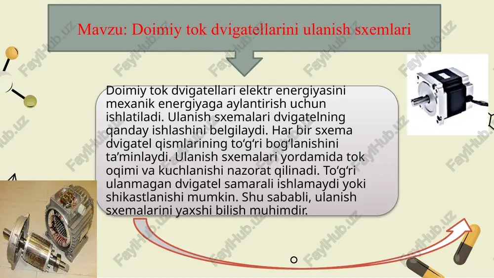 dvigatellarini ulashda asosiy turlar mavjud bo'lib, ularni to'g'ri tanlash dvigatel ishlashini ta'minlaydi. doimiy tok dvigatellarining ulanish sxemalari dvigatelning ish faoliyatiga bevosita ta’sir qiladi. har xil ulanish turlari tok va kuchlanish qiymatlarini o’zgartiradi, bu esa dvigatelning aylanish tezligi va momentini boshqarishga yordam beradi. to’g’ri tanlangan ulanish sxemasi energiya samaradorligini oshirishi mumkin. ulanish sxemasidagi o’zgarishlar dvigatelning isitilishi va ish shovqini darajasiga ham ta’sir ko’rsatadi. shuning uchun, dvigatel samaradorligini oshirish uchun, ulanish sxemasini yaxshilab tahlil qilish va moslashtirish zarur. ulanish sxemalarining ta’siri parallel ulanish sxemalari tahlili doimiy tok dvigatellarining parallel ulanish sxemalari tahlilida, tok va kuchlanish taqsimoti muhim rol o'ynaydi. parallel ulanishda har bir dvigatel o'zining kuchlanishi ostida ishlaydi, bu esa ish samaradorligini oshiradi. toklar parallel yo'nalishlarda taqsimlanib, mos ravishda har bir dvigatel o'z ish yukiga mos keladi. bu sxema orqali dvigatellarning mustaqil ishlashi va boshqarilishi osonlashadi. parallel ulanish sxemalari katta quvvat talab qiladigan tizimlarda qo'llaniladi. shu bilan birga, nosozlik holatida boshqa dvigatellarning …