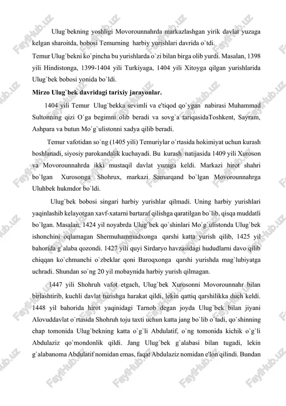 katta jang bo`lib o`tadi, qo`shinning chap tomonida ulug`bekning katta o`g`li abdulatif, o`ng tomonida kichik o`g`li abdulaziz qo`mondonlik qildi. jang ulug`bek g`alabasi bilan tugadi, lekin g`alabanoma abdulatif nomidan emas, faqat abdulaziz nomidan e'lon qilindi. bundan tashqari abdullatifning hirotdagi ixtiyoriddin qal'asidagi mol-mulkini davlat mulkiga o`tkazilishi o`g`ilning otaga nisbatan dushmanligini yanada oshirdi. ulug`bek hirotda abdullatifni qoldirib, o`zi samarqandga ketdi.ulug`bek qolgan umrmni o`z observatoriyasida ilmiy ishlar olib borish uchun bag`ishlashga qaror qiladi. lekin dushmanlar bunga yo`l qo`ymaydilar. unga makkaga borib xaj qilib, gunohlaridan pok bo`lib qaytishni taklif etadilar. o`g`ilning otaga dushmanligidan ulug`bekning raqiblari mohirona foydalanadilar. 1449 yil kuzida abdulatifning ko`rsatmasi va ruhoniylarning fatvosi bilan tunda xaj qilish uchun makkaga junab ketgan ulug`bekning ketidan quvib , uni samarqand yaqinida xoinlarcha o`ldiradilar. shunday qilib, astronomiya va matematika fanlari sohasida mashhur asarlar yaratgan, o`rta asrda eng katta observatoriya qurib, sharq astronomiya maktabini vujudga keltirgan, o`ziga zamondosh bo`lgan eng yaxshi olimlarni atrofiga to`plab, ularning ilmiy ish olib borishlariga …
