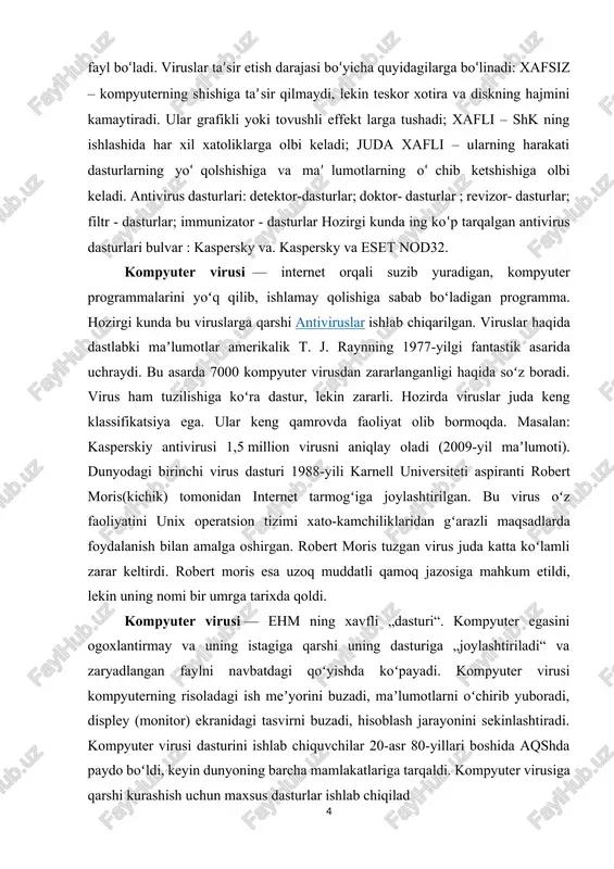 robert moris tuzgan virus juda katta koʻlamli zarar keltirdi. robert moris esa uzoq muddatli qamoq jazosiga mahkum etildi, lekin uning nomi bir umrga tarixda qoldi. kompyuter virusi — ehm ning xavfli „dasturi“. kompyuter egasini ogoxlantirmay va uning istagiga qarshi uning dasturiga „joylashtiriladi“ va zaryadlangan faylni navbatdagi qoʻyishda koʻpayadi. kompyuter virusi kompyuterning risoladagi ish meʼyorini buzadi, maʼlumotlarni oʻchirib yuboradi, displey (monitor) ekranidagi tasvirni buzadi, hisoblash jarayonini sekinlashtiradi. kompyuter virusi dasturini ishlab chiquvchilar 20-asr 80-yillari boshida aqshda paydo boʻldi, keyin dunyoning barcha mamlakatlariga tarqaldi. kompyuter virusiga qarshi kurashish uchun maxsus dasturlar ishlab chiqilad kompyuter virusi o‘lchami buyicha katta bo‘lmagan,maxsus yozilgan dasturdan iborat bo‘lib, u o‘zini boshqa dasturlarga «yozib qo‘yishi», shuningdek, kompterda turli noxush amallarni bajara olishi mumkin. bunday dastur ishlashni boshlaganda dastlab boshqaruvni virus oladi. virus boshqa dasturlarni topadi va unga «yuqadi»,shuningdek, qandaydir zararli amallarni (masalan, diskdagi fayl yoki fayllarning joylashish jadvalini buzadi, tezkor xotirani «ifloslaydi» )bajaradi. virus joylashgan dastur odatdagidek ishini …