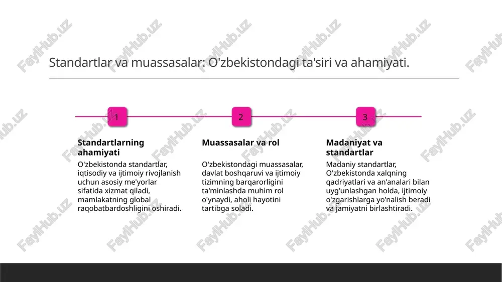 rtlarga moslashishni talab etadi. bu, iqtisodiy o'sish va madaniy aloqalarni kuchaytiradi. o'zbekistonda standartlar rivojlanishi va muassasalar ta'siri. 1 standartlar rivojlanishi - o'zbekistonda standartlar rivojlanishi mustaqillik yillarida boshlangan bo'lib, xalqaro standartlarga moslashishga qaratilgan dasturlar amalga oshirildi. 2 muassasalar ta'siri - muassasalar, masalan, o'zbekiston standartlashgan tashkiloti, standartlarni ishlab chiqishda va joriy etishda muhim rol o'ynaydi, iqtisodiy o'sishga hissa qo'shadi. 3 ijtimoiy ahamiyat - standartlar ijtimoiy hayotda muhim ahamiyatga ega bo'lib, odamlarning hayot sifatini oshirish va ijtimoiy barqarorlikni ta'minlashga yordam beradi. 4 kelajak istiqbollari - o'zbekistondagi standartlar va muassasalar kelajakda innovatsiyalarni rag'batlantirish, global bozor bilan integratsiyani kuchaytirish maqsadida rivojlanishni davom ettiradi. rivojlanish jarayonida me'yoriy hujjatlarning ahamiyati. 1 me'yoriy hujjatlar me'yoriy hujjatlar, rivojlanish jarayonida asosiy yo'nalishlarni belgilab beradi, ularning asosida ijtimoiy va iqtisodiy siyosatlar ishlab chiqiladi. 2 huquqiy asoslar rivojlanish jarayonida me'yoriy hujjatlar, birinchi navbatda, huquqiy asoslarni ta'minlaydi, bu esa davlat va fuqarolar o'rtasidagi munosabatlarni tartibga soladi. 3 iqtisodiy samaradorlik me'yoriy hujjatlar, iqtisodiy samaradorlikni …