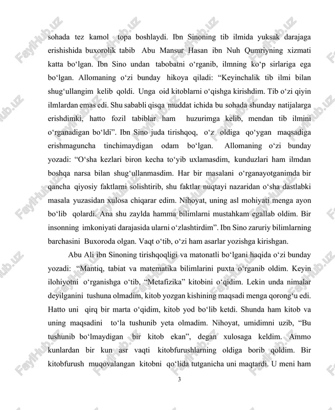 ko‘rsatdi... lekin men kitobni sotib olishni rad qildim. kitobfurush menga: “bu kitobni ol, narxi arzon, uch dirhamga sotaman, egasi pulga muhtoj”, dedi. kitobni noiloj sotib oldim. qarasam, u abu nasr forobiyning “metafizika” kitobi haqida yozgan sharhi ekan. uyga qaytib, darrov uni o‘qishga kirishdim. asar yod bo‘lib qolgani sababli tezda bu kitobning maqsadini tushunib oldim. bu ishdan o‘zimda yo‘q xursand edim”. allomaning ilmiy ijodi o‘n sakkiz yoshdan boshlangan. dastlab bu ishni o‘ziga yaqin bo‘lgan kishilarning iltimosi bilan bajargan. yosh bo‘lishiga qaramay, nuh ibn mansurga atab “hadyatur rais” (“rais ibn sino hadyasi”) asari, “urjuza fit tib” (“tibbiyot haqida doston”) she’riy asari hamda o‘z qo‘shnisi va do‘sti abuhusayn aruziyning iltimosiga binoan ko‘p fanlarni o‘z ichiga olgan “hikmatul aruziy” (“aruziy hikmati”) asarini tasnif etgan. ibn sino buxoroda yigirma jildli qomusiy asari “al­hosil val mahsul” (“yakun va natija”), ikki jildli “kitobul birr val ism” (“yaxshilik va yomonlik kitobi”) asarini va o‘zining tabobatga oid birinchi risolasi …