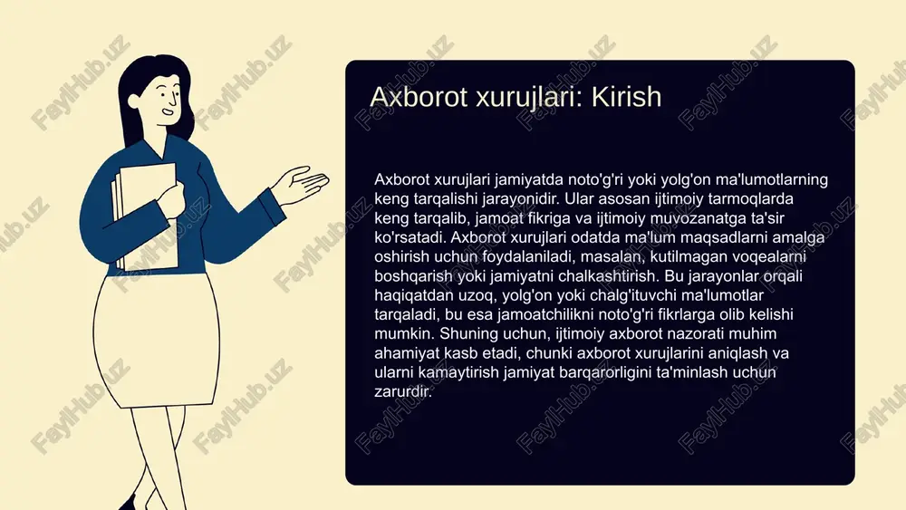 dlarning oshishiga olib keladi. bu jarayon yangi imkoniyatlar va muammolarni yuzaga keltiradi. biznes va marketing strategiyalari axborot tarqalishi iqtisodiy o'zgarishlarga ham ta'sir qiladi, strategik yondashuvlarni o'zgartirish va innovatsiyalarni tatbiq qilishga xizmat qiladi. bu jarayon iqtisodiy rivojlanish va barqarorlik uchun muhim omil hisoblanadi. axborot tarqalishining madaniy ta'siri madaniy qadriyatlar va an'analarga ta'sir axborot tarqalishi madaniy qadriyatlar va an'analarga ta'sir qiladi, yoshlar orasida yangi madaniyatlar va trendlar yuzaga keladi. axborotning global tarqalishi milliy madaniyatlarning o'ziga xosligini saqlash yoki o'zgartirish imkonini beradi, madaniyatlararo dialog va tenglikni rivojlantiradi. madaniy identifikatsiya va tendensiyalar axborot tarqalishi yangi madaniyatlar va tendensiyalar shakllanishiga olib keladi, masalan, kiyim-kechak uslublari va musiqiy janrlar. bu yoshlar orasida madaniy identifikatsiyaning o'zgarishiga sabab bo'ladi, ular yangi tendensiyalarni qabul qilish yoki o'ziga xosligini saqlash imkoniyatiga ega bo'ladi. axborot xavfsizligini ta'minlashning ahamiyati axborot xavfsizligi ma'lumotlarni ruxsatsiz kirish, o'zgartirish yoki yo'qotilishdan himoya qilish prinsipiga asoslangan. ijtimoiy tarmoqlarda shaxsiy ma'lumotlar va davlat xavfsizligini saqlash muhim. axborot xavfsizligini …