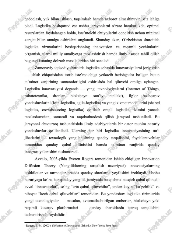 ’minlovchi murakkab tizim bo‘lib, ta’minot zanjiri doirasida tashish, saqlash, qadoqlash, yuk bilan ishlash, taqsimlash hamda axborot almashinuvini o‘z ichiga oladi. logistika boshqaruvi esa ushbu jarayonlarni o‘zaro hamkorlikda, optimal resurslardan foydalangan holda, iste’molchi ehtiyojlarini qondirish uchun minimal xarajat bilan amalga oshirishni anglatadi. shunday ekan, o‘zbekiston sharoitida logistika xizmatlarini boshqarishning innovatsion va raqamli yechimlarini o‘rganish, ularni milliy amaliyotga moslashtirish hamda ilmiy asosda tahlil qilish bugungi kunning dolzarb masalalaridan biri sanaladi. zamonaviy iqtisodiy sharoitda logistika sohasida innovatsiyalarni joriy etish — ishlab chiqarishdan tortib iste’molchiga yetkazib berishgacha bo‘lgan butun ta’minot zanjirining samaradorligini oshirishda hal qiluvchi omilga aylangan. logistika innovatsiyasi deganda — yangi texnologiyalarni (internet of things, robototexnika, dronlar, blokcheyn, sun’iy intellekt), ilg‘or boshqaruv yondashuvlarini (lean-logistika, agile-logistika) va yangi xizmat modellarini (shared logistics, crowdsourcing logistika) qo‘llash orqali logistika tizimini yanada moslashuvchan, samarali va raqobatbardosh qilish jarayoni tushuniladi. bu jarayonni chuqurroq tushuntirishda ilmiy adabiyotlarda bir qator muhim nazariy yondashuvlar qo‘llaniladi. ularning har biri logistika innovatsiyasining turli …