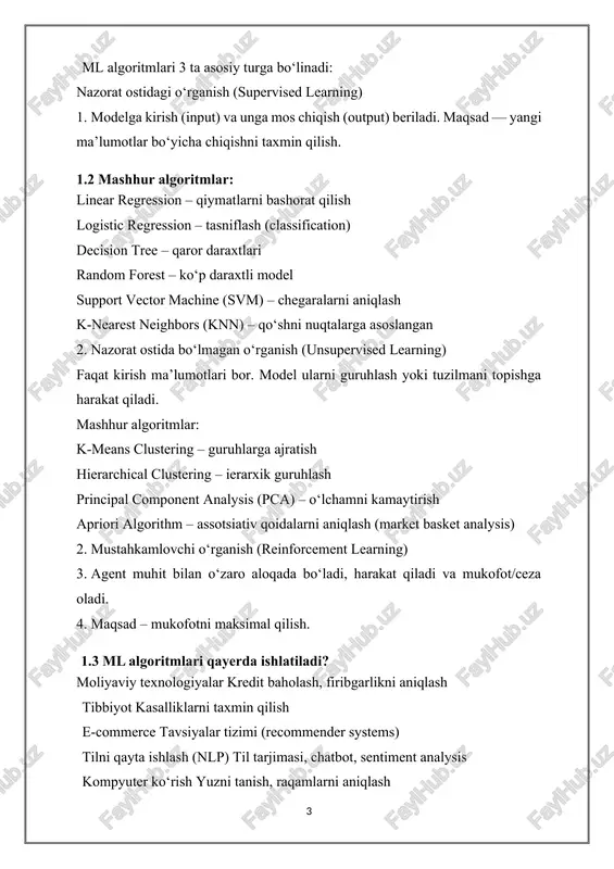 iiy tilni qayta ishlash sohasida oddiy va samarali decision list algoritmini qo‘llab, nomlangan entitylarni aniqlash jarayonini amalga oshirish va bu yondashuvning afzallik hamda cheklovlarini ko‘rsatishdir. asosiy qism: 2.1 decision list algoritmi — bu qoidalarga asoslangan oddiy va samarali klassifikatsiya usuli bo‘lib, u matndagi elementlarni (masalan, so‘zlarni yoki tokenlarni) kategoriyalarga ajratishda qo‘llaniladi. ushbu algoritm har bir qoidaga alohida vazn (ehtimollik) biriktiradi va test jarayonida kiritilgan elementga eng yuqori vaznga ega qoida asosida teg (label) beradi. 2.2 algoritmning asosiy g’oyasi: decision list algoritmi qoidalar ketma-ketligini (ro‘yxatini) yaratadi. har bir qoida ma’lum shartlar asosida biror sinfni (kategoriya) belgilaydi va unga qoidaning ishonchlilik darajasini bildiruvchi vazn biriktiriladi. bu vazn, odatda, qoidaning aniqlik (precision) yoki ehtimollik ko‘rsatkichi sifatida hisoblanadi. ishlash bosqichlari: qoidalarni aniqlash: trening ma’lumotlari asosida ma’lum bir kontekst yoki xususiyatlarga ko‘ra qoidalar ishlab chiqiladi. masalan, “agar so‘zning oldida 'janob' so‘zi bo‘lsa, u shaxs nomi (per) bo‘lishi mumkin” kabi. qoidalarga vazn berish: har bir qoidaning …
