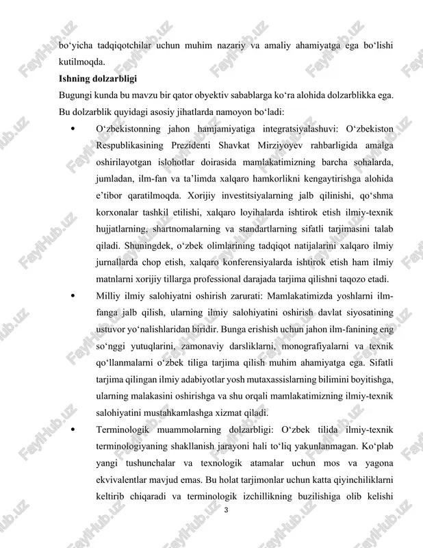 ega. sifatli tarjima qilingan ilmiy adabiyotlar yosh mutaxassislarning bilimini boyitishga, ularning malakasini oshirishga va shu orqali mamlakatimizning ilmiy-texnik salohiyatini mustahkamlashga xizmat qiladi. · terminologik muammolarning dolzarbligi: o‘zbek tilida ilmiy-texnik terminologiyaning shakllanish jarayoni hali to‘liq yakunlanmagan. ko‘plab yangi tushunchalar va texnologik atamalar uchun mos va yagona ekvivalentlar mavjud emas. bu holat tarjimonlar uchun katta qiyinchiliklarni keltirib chiqaradi va terminologik izchillikning buzilishiga olib kelishi mumkin. shu sababli, bu muammolarni ilmiy asosda o‘rganish va ularga yechim topish o‘zbek tilining ilmiy uslubini rivojlantirish uchun juda muhimdir. · tarjima sifatini ta’minlashning ahamiyati: ilmiy-texnik matnlardagi eng kichik xato yoki noaniqlik ham katta iqtisodiy, texnologik yoki hatto inson hayoti uchun xavfli oqibatlarga olib kelishi mumkin. masalan, tibbiy ko‘rsatmalarning, xavfsizlik qoidalarining yoki murakkab texnik qurilmalar bo‘yicha qo‘llanmalarning noto‘g‘ri tarjimasi jiddiy xavflarni keltirib chiqarishi mumkin. shu bois, ilmiy-texnik tarjimada aniqlik, ishonchlilik va sifatni ta’minlash fundamental vazifadir. ishning maqsadi va vazifalari mazkur kurs ishining asosiy maqsadi – ilmiy-texnik tarjima jarayonida …