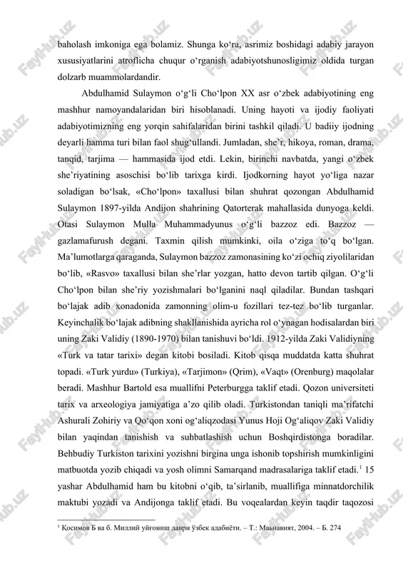 idiyning «turk va tatar tarixi» degan kitobi bosiladi. kitob qisqa muddatda katta shuhrat topadi. «turk yurdu» (turkiya), «tarjimon» (qrim), «vaqt» (orenburg) maqolalar beradi. mashhur bartold esa muallifni peterburgga taklif etadi. qozon universiteti tarix va arxeologiya jamiyatiga a’zo qilib oladi. turkistondan taniqli ma’rifatchi ashurali zohiriy va qo‘qon xoni og‘aliqzodasi yunus hoji og‘aliqov zaki validiy bilan yaqindan tanishish va suhbatlashish uchun boshqirdistonga boradilar. behbudiy turkiston tarixini yozishni birgina unga ishonib topshirish mumkinligini matbuotda yozib chiqadi va yosh olimni samarqand madrasalariga taklif etadi.[footnoteref:1] 15 yashar abdulhamid ham bu kitobni o‘qib, ta’sirlanib, muallifiga minnatdorchilik maktubi yozadi va andijonga taklif etadi. bu voqealardan keyin taqdir taqozosi bilan qozon universiteti zaki validiyni 1913-yilning oxirlarida farg‘ona vodiysiga ilmiy safarga yuboradi. olim andijonda ekan, nazir to‘raqul bilan birga abdulhamidlar uyida bo‘ladi va bu aloqa zaki validiy yashirin faoliyatga o‘tgan 1920-yilga qadar davom etadi. ijodkor ijodining ilk kurtaklari haqida to‘xtaladigan bo‘lsak, cho‘lponning matbuotdagi dastlabki she’r va maqolalari 1914- yildan …