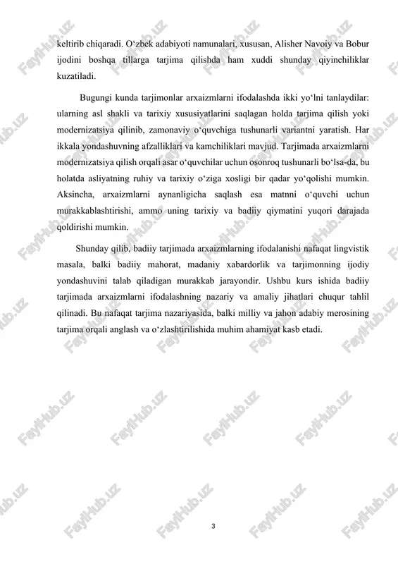 alashning nazariy va amaliy jihatlari chuqur tahlil qilinadi. bu nafaqat tarjima nazariyasida, balki milliy va jahon adabiy merosining tarjima orqali anglash va o‘zlashtirilishida muhim ahamiyat kasb etadi. i bob. arxaizmlar haqida nazariy tushuncha. til insoniyat tarixining eng qadimiy va muhim vositalaridan biri bo‘lib, u jamiyat taraqqiyoti davomida doimiy rivojlanib boradi. har qanday tilda vaqt o‘tishi bilan yangi so‘zlar paydo bo‘ladi, ayrim so‘zlar esa eskiradi va iste’moldan chiqib ketadi. shunday qilib, ayrim leksik birliklar zamonaviy nutqda deyarli qo‘llanilmaydigan, faqat tarixiy yoki badiiy matnlarda uchraydigan holga keladi. bunday so‘zlar va iboralar arxaizmlar deb ataladi. arxaizm (yunoncha archaíos – “qadimiy, eski”) zamonaviy til normalaridan chiqib ketgan, lekin tarixiy, badiiy yoki poetik matnlarda saqlanib qolgan leksik birliklardir. arxaizmlar faqatgina tilshunoslikning tor doirasidagi tushuncha emas, balki ular madaniyat, tarix, adabiyot va tarjima bilan ham bevosita bog‘liqdir. chunki tarixiy davrlarga oid asarlarni, shoirlarning poetik merosini yoki tarjima matnlarini to‘liq anglash va yetkazish uchun arxaizmlarning mazmunini tushunish …
