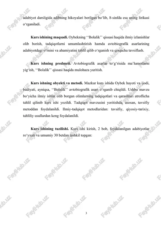 ishining tuzilishi. kurs ishi kirish, 2 bob, foydalanilgan adabiyotlar ro‘yxati va umumiy 30 betdan tashkil topgan: ι βοβ. ουβεk – o‘zbek nasrining namoyondasi sifatida 1.1. o‘zbek adabiyotida oybek prozasi bugungi kunda badiiy ijodkorlar mahoratini belgilash uning til unsurlaridan foydalanish borasidagi mohirligi mezoni bilan ham bevosita bog‘liq ekanligi yaqqol namoyon bo‘lmoqda. badiiy nutq obrazli nutqdir. ijodkor badiiy asarda so‘z vositasida obraz yaratadi. har bir yozuvchi yoki shoir til vositalaridan o‘ziga xos shaklda foydalanib, individual uslubini yaratadi. shunday mohir ijodkorlardan biri muso toshmuhammad o‘g‘li oybek. oybek 1905-yili toshkent shahrida bo’zchi oilasida dunyoga keldi. oldin o‘rta maktabda, 1922-1925-yillarda esa toshkent pedtexnikumida ta’lim oldi. so‘ngra o‘rta osiyo davlat dorilfununida ijtimoiy fanlar fakultetida o‘qishni davom ettirdi. leningraddagi plexanov nomidagi xalq xo‘jaligi institutida tahsil ko‘rdi. 1930-yili o‘rta osiyo davlat dorilfununini tugatib, oliy maktablarda siyosiy iqtisoddan dars beradi. oybek adabiyotga 1926-yili chop etilgan ‘‘tuyg‘ular’’ she’riy to‘plami bilan kirib keladi. shoirning ‘‘dilbar davr qizi’’ (1931), ‘‘o‘ch’’ (1932), ‘‘baxtigul …