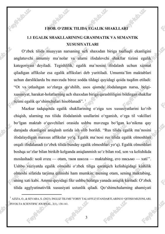 ili agglyutinativ, rus tili esa flektiv tillar guruhidan o‘rin oladi. biroq ikki tilda ham predmetning qaysi shaxsga tegishli ekanligini ifodalash uchun ishlatilinadigan vositalarning borligi bizga o‘zga tilda fikrni muqobil variantda yetkazib berish imkonini beradi. “prityajatelnie mestoimeniya ukazivayut, k kakomu litsu prinadlejit predmet, i otvechayut na voprosi chey? chya? chyo? chi?’’. shu o‘rinda, umumta’lim maktablarining o‘zga tilli sinflarida ta’lim oluvchi o‘quvchilar o‘z nutqida egalik kategoriyasidan qay darajada to‘g‘ri foydalanishlariga e’tibor qaratish lozim, deb aytish mumkin. shu maqsadda, toshkent shahar olmazor tumani 42- umumiy o‘rta ta’lim maktabining 5-“d” sinfida kichik kuzatuv-tadqiqoti o‘tkazildi. dastlab quyidagi bir nechta gaplarni o‘zbek tilidan rus tiliga tarjima qilish vazifasi o‘quvchilarga topshiriq sifatida berildi va bunda o‘quvchilar o‘zbek tilidagi jumlalarni o‘z ona tilida qanday ifodalashini tekshirish maqsadi ko‘zda tutildi: 1. kecha onam uyda uzugini yo‘qotib qo‘ydi. 2. yaxshi bolalar ukalarini urmaydilar. 3. dadam mening o‘yinchog‘imni tuzatib berdilar. 4. do‘stim menga ruchkasini berib turmadi. 5. singlimning o‘yinchog‘i sinib qoldi. …