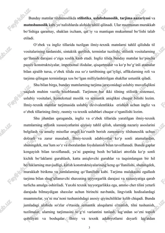 r masaladi. ilmiy-texnik adabiyotlar ko‘p sonli atamalardan, shuningdek, ma’lum so‘z va iboralardan foydalanish bilan tavsiflanadi. bunda gaplar kengayish bilan tavsiflanadi, ya’ni gapning bosh bo‘laklari atrofida ko‘p sonli kichik bo‘laklarni guruhlash, katta aniqlovchi guruhlar va taqsimlangan bir hil bo‘laklarning mavjudligi, kirish konstruktsiyalarining keng qo‘llanilishi, shuningdek, murakkab birikma va jumlalarning qo‘llanilishi kabi. tarjima malakasini egallash tarjima bilan shug‘ullanuvchi shaxsning tayyorgarlik darajasi va xususiyatiga qarab turlicha amalga oshiriladi. yaxshi texnik tayyorgarlikka ega, ammo chet tilini yetarli darajada bilmaydigan shaxslar uchun birinchi navbatda, lingvistik hodisalardagi muammolar, ya’ni ma’noni tushunishdagi asosiy qiyinchiliklar kelib chiqadi. bunda jumladagi alohida so'zlar o'rtasida semantik aloqalarni o'rnatish, tilni tushunish, tuzilmalar, ularning tarjimasini to‘g‘ri variantini tanlash, lug‘atdan so‘zni topish qobiliyati va boshqalar. ilmiy va texnik adabiyotlarni deyarli lug'atdan foydalanmasdan o‘qiy olish uchun qancha so‘zni bilish kerak? tarjimani o‘qitish bo‘yicha maxsus tadqiqotlar va tajriba shuni ko‘rsatadiki, buning uchun 2500-3000 ta so‘z lug‘ati yetarli. minimal lug‘atga birinchi navbatda qanday so‘zlar kiritilishi kerak? odatda, …