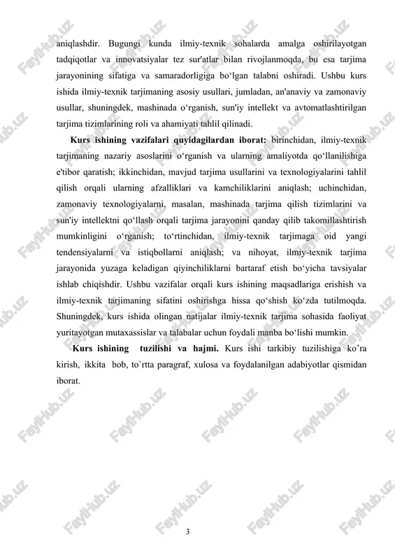 rjima jarayonida yuzaga keladigan qiyinchiliklarni bartaraf etish bo‘yicha tavsiyalar ishlab chiqishdir. ushbu vazifalar orqali kurs ishining maqsadlariga erishish va ilmiy-texnik tarjimaning sifatini oshirishga hissa qo‘shish ko‘zda tutilmoqda. shuningdek, kurs ishida olingan natijalar ilmiy-texnik tarjima sohasida faoliyat yuritayotgan mutaxassislar va talabalar uchun foydali manba bo‘lishi mumkin. kurs ishining tuzilishi va hajmi. kurs ishi tarkibiy tuzilishiga ko’ra kirish, ikkita bob, to`rtta paragraf, xulosa va foydalanilgan adabiyotlar qismidan iborat. i bob. ilmiy-texnikaviy tarjimaning nazariy asoslari 1.1.ilmiy-texnikaviy tarjima tushunchasi va uning ahamiyati ilmiy-texnikaviy tarjima – bu ilmiy va texnik materiallarni bir tildan ikkinchi tilga o‘tkazish jarayonidir. ushbu jarayon nafaqat tilni bilishni, balki ilmiy va texnik sohadagi terminologiyani, kontentni va kontekstni chuqur tushunishni ham talab qiladi. ilmiy-texnikaviy tarjima o‘z ichiga turli xil hujjatlar, maqolalar, standartlar, patentlar, texnik ko‘rsatmalar va boshqa ilmiy-texnik materiallarni oladi. bunday tarjima jarayoni, asosan, ilmiy tadqiqotlar, innovatsiyalar va texnologik rivojlanish bilan bog‘liq bo‘lib, ularning xalqaro miqyosda tarqalishi va tushunilishini ta'minlaydi. ilmiy-texnikaviy tarjimaning …