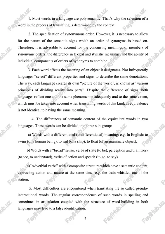 tion coupled with the structure of word-building in both languages may lead to a false identification. 6. each language has its own typical rules of combinability. a language has generally established traditional combinations which do not concur with corresponding ones in another language. adjectives offer considerable difficulties in the process of translation. it does not always coincide with their combinability in the ukrainian or russian languages on account of differences in their semantic structure [3:236]. frequently one and the same adjective in english combines with a number of nouns, while in ukrainian and russian different adjectives are used in combinations of this kind. for this reason it is not easy to translate english adjectives which are more capable of combining than their ukrainian and russian equivalents. a specific feature of the combinability of english nouns is that some of them can function as the subject of a sentence though they …