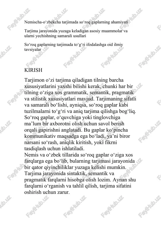 i aniqlashni o‘z ichiga oladi. masalan, "warum bist du spät?" (nega kech kelding?) gapida, so‘roq savolning ma’nosi, vaqtni yoki sababni so‘rashdir. o‘zbek tilidagi "nega kech qolding?" jumlasidagi semantik ma’no ham aynan shunga o‘xshash. 1.3. so‘roq gaplarning pragmatik tahlili so‘roq gaplar nafaqat grammatik tuzilishga ega bo‘lib, balki pragmatik jihatdan ham to‘g‘ri ishlatilishi kerak. masalan, o‘zbek tilida "kim keladi?" jumlasi, ko‘pincha ko‘rsatish maqsadida ishlatiladi, holbuki, nemis tilida "wer kommt?" savoliga javob olish maqsadida so‘raladi. 2. nemis tilidagi so‘roq gaplarning turlari va tuzilishi 2.1. to‘g‘ri so‘roq gaplar (direkt so‘roq gaplar) nemis tilida to‘g‘ri so‘roq gaplar, odatda, gap oxirida so‘roq so‘zi orqali tuziladi. masalan, "wie geht’s?" (qanday yurishing?) yoki "kommen sie mit uns?" (biz bilan kelasizmi?) kabi savollar. bu gaplarda so‘roq so‘zi so‘rovni aniq va qisqa tarzda ifodalaydi. 2.2. bilvosita so‘roq gaplar (indirekt so‘roq gaplar) bilvosita so‘roq gaplar, direkt so‘roq gaplar kabi aniq bo‘lmaydi. masalan, "er fragte, ob du kommst." (u so‘radi, sen kelasanmi?) …