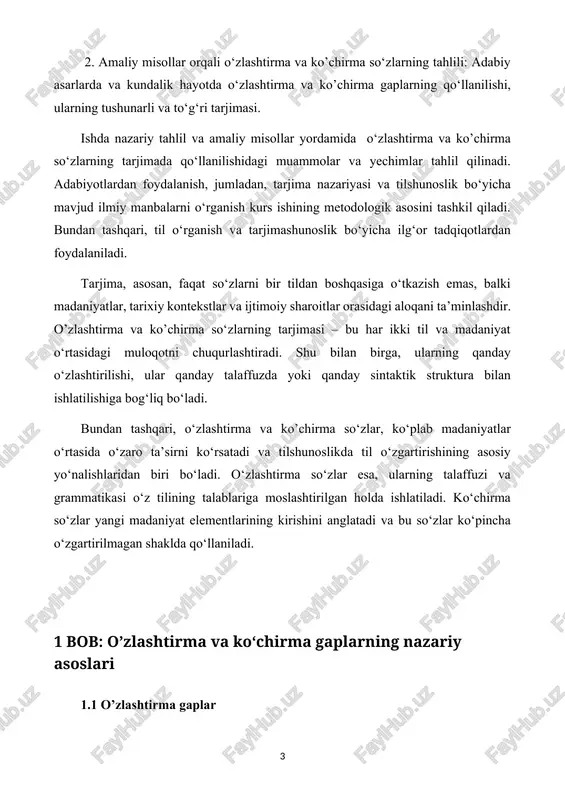 o‘rsatadi va tilshunoslikda til o‘zgartirishining asosiy yo‘nalishlaridan biri bo‘ladi. o‘zlashtirma so‘zlar esa, ularning talaffuzi va grammatikasi o‘z tilining talablariga moslashtirilgan holda ishlatiladi. ko‘chirma so‘zlar yangi madaniyat elementlarining kirishini anglatadi va bu so‘zlar ko‘pincha o‘zgartirilmagan shaklda qo‘llaniladi. 1 bob: o’zlashtirma va ko‘chirma gaplarning nazariy asoslari 1.1 o’zlashtirma gaplar zamon o’zgarishi ko‘chirma gaplar bilan solishtirganda, o‘zlashtirma gaplar odatda original gapning grammatik tuzilmasini o‘zlashtiradi va yangi til tizimiga moslashadi. o‘zlashtirma gaplarda zamonning o‘zgarishi ehtimol kamroq bo‘lishi mumkin, chunki bu gaplar ko‘proq so‘zning o‘zini emas, balki tushuncha va kontekstni izohlashga qaratilgan. 2. shaxs va fe’l o‘zgarishi: o‘zlashtirma gaplarda shaxs o‘zgarishi ko‘proq ko‘rinadi. shuningdek, ba’zi hollarda modallar va so‘zlar o‘zgartiriladi. masalan, ingliz tilidagi „i will“ ifodasi nemis tilida „ich werde“ deb tarjima qilinadi, lekin o‘zlashtirilgan gaplarda bu o‘zgarishlar kiritilmasligi mumkin. o‘zlashtirma gaplar va jahon tillari: ko‘plab jahon tillari, xususan, globalizatsiya jarayonida, o‘zlashtirma so‘zlarni qo‘llashda va yangi atamalarni kiritishda ingliz tilidan keng foydalanmoqdalar. ingliz tili bugungi …