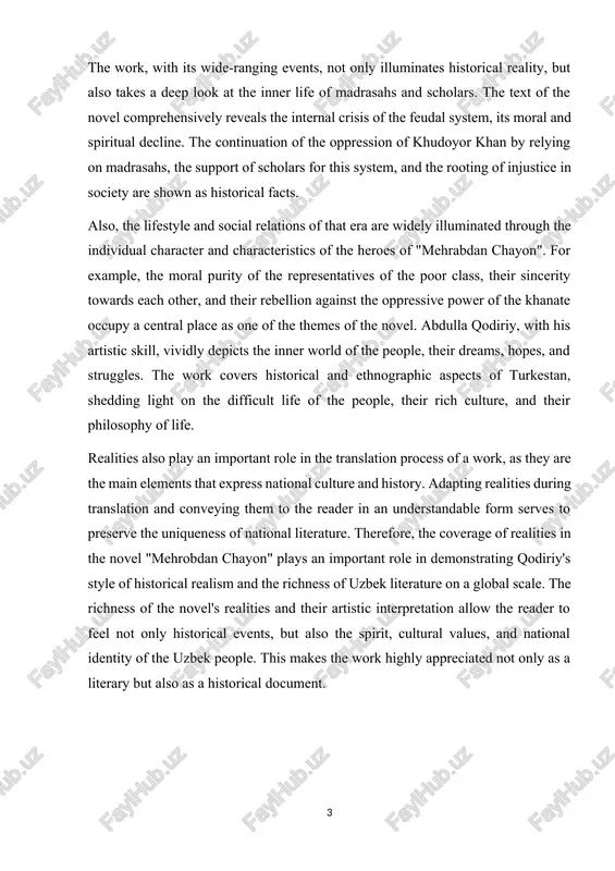 the themes of the novel. abdulla qodiriy, with his artistic skill, vividly depicts the inner world of the people, their dreams, hopes, and struggles. the work covers historical and ethnographic aspects of turkestan, shedding light on the difficult life of the people, their rich culture, and their philosophy of life. realities also play an important role in the translation process of a work, as they are the main elements that express national culture and history. adapting realities during translation and conveying them to the reader in an understandable form serves to preserve the uniqueness of national literature. therefore, the coverage of realities in the novel "mehrobdan chayon" plays an important role in demonstrating qodiriy's style of historical realism and the richness of uzbek literature on a global scale. the richness of the novel's realities and their artistic interpretation allow the reader to feel not only historical events, but also the …