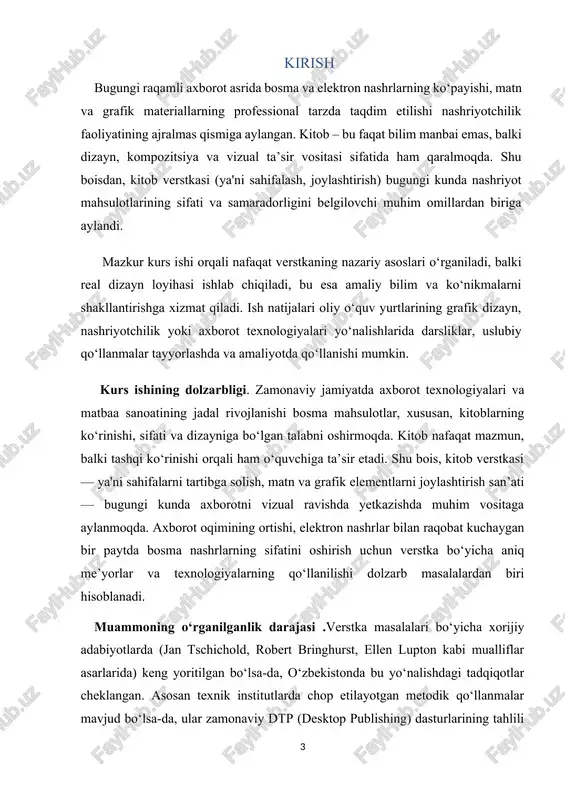 ni ishlab chiqish. kurs ishi natijasida: · verstkaga oid nazariy bilimlar tizimlashtiriladi; · kitob verstkasi uchun texnik va dizayn-me’yoriy talablar aniqlanadi; · adobe indesign yoki scribus kabi dasturlar asosida amaliy verstka loyihasi ishlab chiqiladi; · tadqiqot natijalari bo‘yicha tavsiyalar shakllantiriladi va ular nashriyotchilik amaliyotida qo‘llanishi mumkin bo‘ladi. 1-bob. verstka tushunchasi va nashriyotchilikda uning o‘rni 1.1. verstka tushunchasi va uning tarixiy rivojlanishi verstka (ruscha: vyorstka) — bu matn va grafik elementlarni sahifa ichida ma'lum qoidalarga asoslangan holda joylashtirish jarayoni hisoblanadi. verstka nafaqat matnni joylashtirish, balki uning o‘qilish qulayligini, estetik ko‘rinishini va axborotning samarali yetkazilishini ta'minlaydi. verstkaning tarixiy rivojlanishi quyidagilardan iborat: qadimgi qo‘lyozmalar davri: o‘rta asrlarda monastirda yozilgan qo‘lyozmalarni bezashda sahifa tartibi, bosh harflar va bezaklar muhim rol o‘ynagan. bu jarayonlar hozirgi verstka asoslarining boshlanishi hisoblanadi. gutenberg davri: 15-asrda y. gutenbergning bosmaxona texnologiyasini ixtiro qilishi bilan matnni ko‘paytirish va tarqatish jarayoni jadal rivojlandi. bu davrda verstka jarayoni qo‘lda bajarilgan. raqamli texnologiyalar davri: …