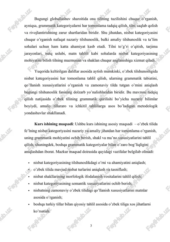 t kategoriyasining semantik xususiyatlarini ochib berish; · nisbatning zamonaviy o’zbek tilidagi qo’llanish xususiyatlarini matnlar asosida o’rganish; · boshqa turkiy tillar bilan qiyosiy tahlil asosida o’zbek tiliga xos jihatlarni ko’rsatish. kurs ishining yakuniy natijasi sifatida, o’zbek tilida fe’lning nisbat kategoriyasi bo’yicha ilmiy-nazariy asoslangan, tahlillarga tayangan xulosalar chiqarish va tilshunoslikdagi amaliy faoliyat uchun foydali bo’ladigan tavsiyalar ishlab chiqish ko’zda tutiladi. kurs ishining vazifalari: kurs ishining asosiy maqsadidan kelib chiqib, quyidagi ilmiy-amaliy vazifalar belgilandi: – nisbat kategoriyasining tilshunoslikdagi o’rni va ahamiyatini aniqlash; – o’zbek tilida mavjud nisbat turlarini aniqlash va tasniflash; · nisbat shakllarining morfologik ifodalanish vositalarini tahlil qilish; · nisbat kategoriyasining semantik xususiyatlarini ochib berish; · nisbatning zamonaviy o’zbek tilidagi qo’llanish xususiyatlarini matnlar asosida o’rganish; · boshqa turkiy tillar bilan qiyosiy tahlil asosida o’zbek tiliga xos jihatlarni ko’rsatish. · mavzu bo’yicha xulosalar chiqarish va ilmiy-amaliy tavsiyalar ishlab chiqish i.bob boshlang’ich sinflarda o’qish darslarini tashkil etishning nazariy asoslari. 1.1. o’zbek tilshunosligida so’z turkumlari …