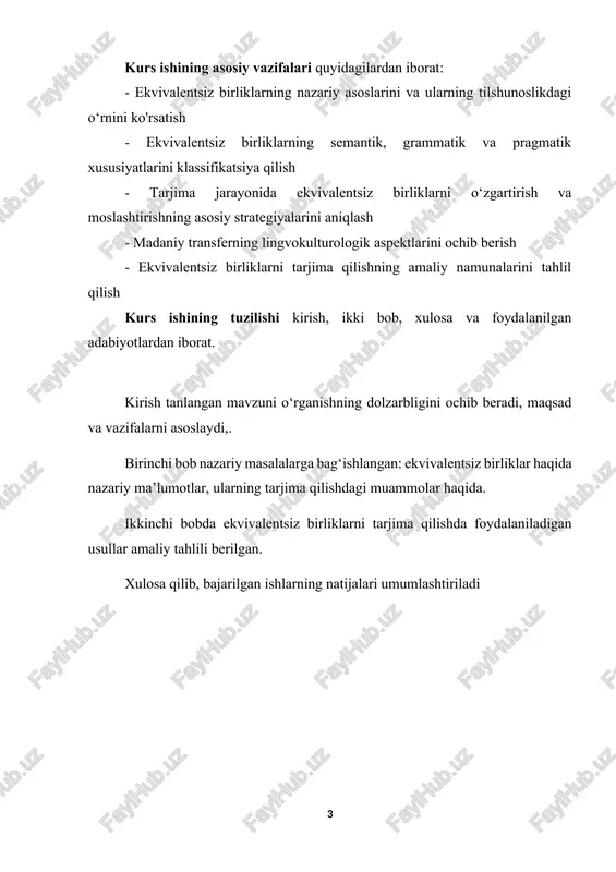 klassifikatsiya qilish - tarjima jarayonida ekvivalentsiz birliklarni o‘zgartirish va moslashtirishning asosiy strategiyalarini aniqlash - madaniy transferning lingvokulturologik aspektlarini ochib berish - ekvivalentsiz birliklarni tarjima qilishning amaliy namunalarini tahlil qilish kurs ishining tuzilishi kirish, ikki bob, xulosa va foydalanilgan adabiyotlardan iborat. kirish tanlangan mavzuni o‘rganishning dolzarbligini ochib beradi, maqsad va vazifalarni asoslaydi,. birinchi bob nazariy masalalarga bag‘ishlangan: ekvivalentsiz birliklar haqida nazariy ma’lumotlar, ularning tarjima qilishdagi muammolar haqida. ikkinchi bobda ekvivalentsiz birliklarni tarjima qilishda foydalaniladigan usullar amaliy tahlili berilgan. xulosa qilib, bajarilgan ishlarning natijalari umumlashtiriladi i bob. ekvivalentsiz birliklar: nazariy asoslar 1.1. ekvivalentsiz birliklar tushunchasi va uning lingvistik mohiyati ekvivalentsiz birliklar — bir tildagi leksik, grammatik yoki semantik birlikning boshqa tilda to‘liq yoki yaqin ma’noda aks ettirilmasligi holatini anglatadi. bunday holatlarning yuzaga kelishi tildan-tilga tarjima jarayonidagi qiyinchiliklardan kelib chiqadi va ayniqsa tilda mavjud bo‘lgan madaniy, tarixiy yoki ijtimoiy farqlar bilan bog‘liq. ekvivalentsiz birliklarning tarkibiga turli xil birliklar kiradi: leksik, grammatik, semantik, pragmatik …