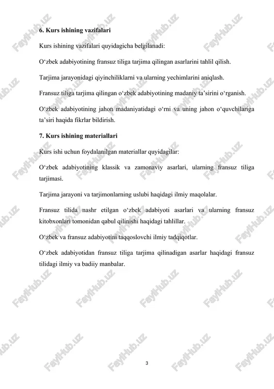 i tahlil qilish. tarjima jarayonidagi qiyinchiliklarni va ularning yechimlarini aniqlash. fransuz tiliga tarjima qilingan o‘zbek adabiyotining madaniy ta’sirini o‘rganish. o‘zbek adabiyotining jahon madaniyatidagi o‘rni va uning jahon o‘quvchilariga ta’siri haqida fikrlar bildirish. 7. kurs ishining materiallari kurs ishi uchun foydalanilgan materiallar quyidagilar: o‘zbek adabiyotining klassik va zamonaviy asarlari, ularning fransuz tiliga tarjimasi. tarjima jarayoni va tarjimonlarning uslubi haqidagi ilmiy maqolalar. fransuz tilida nashr etilgan o‘zbek adabiyoti asarlari va ularning fransuz kitobxonlari tomonidan qabul qilinishi haqidagi tahlillar. o‘zbek va fransuz adabiyotini taqqoslovchi ilmiy tadqiqotlar. o‘zbek adabiyotidan fransuz tiliga tarjima qilinadigan asarlar haqidagi fransuz tilidagi ilmiy va badiiy manbalar. i bob. o’zek adabiyoti va uning tarjimalari 1.1 o’zbek adabiyoti haqida umumiy tavsifi o‘zbek adabiyoti – o‘zbek xalqining tarixiy, madaniy va ma’naviy merosini aks ettiruvchi, boy va rang-barang tarixga ega adabiy an’analardan iboratdir. o‘zbek adabiyoti o‘zining nafaqat og‘zaki, balki yozma shakllari bilan ham ajralib turadi. u qadim zamonlardan boshlab hozirgi kunga qadar o‘z …
