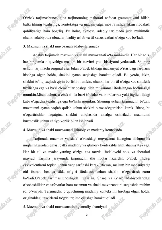 iqlashda amalga oshiriladi, mazmunni buzmaslik uchun ehtiyotkorlik bilan ishlanadi. 4. mazmun va shakl muvozanati ijtimoiy va madaniy kontekstda tarjimada mazmun va shakl o‘rtasidagi muvozanat faqatgina tilshunoslik nuqtai nazaridan emas, balki madaniy va ijtimoiy kontekstda ham ahamiyatga ega. har bir til va madaniyatning o‘ziga xos tarzda ifodalovchi so‘z va iboralari mavjud. tarjima jarayonida tarjimachi, shu nuqtai nazardan, o‘zbek tilidagi ekvivalentlarni topish uchun vaqt sarflashi kerak. ba'zan, ma'lum bir madaniyatga oid iborani boshqa tilda to‘g‘ri ifodalash uchun shaklni o‘zgartirish zarur bo‘ladi.o‘zbek tarjimashunosligida, masalan, sharq va g‘arb adabiyotlaridagi o‘xshashliklar va tafovutlar ham mazmun va shakl muvozanatini saqlashda muhim rol o‘ynaydi. tarjimachi, o‘quvchining madaniy kontekstini hisobga olgan holda, originaldagi tasvirlarni to‘g‘ri tarjima qilishga harakat qiladi. 5. mazmun va shakl muvozanatining amaliy ahamiyati mazmun va shakl muvozanatining amaliy ahamiyati, ayniqsa, yuridik, ilmiy va texnik tarjimada o‘zining aniq ifodalanishini topadi. masalan, yuridik tarjimada har bir so‘z va ibora qat'iy va aniq bo‘lishi kerak. mazmunning buzilishi yoki …