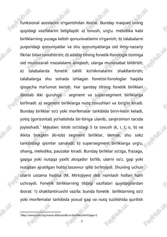 tiladi: so‘z va uning ma’nosi (yoxud morfema va uning ma’nosi) shu so‘zning (yoki morfemaning) fonetik qobig‘i tufayligina inson xotirasida doimiyyashaydi.masalan, inson paxta so‘zini (fonetik so‘zni) eshitganda yoki o‘qiganda, uning xotirasida «g‘o‘za o‘simligining oq tolali yumshoq mahsuli», taxta so‘zini eshitganda yoki okqiganda esa «g‘o‘ladan uzunasiga tilib olingan yassi yog‘och bo‘lagi» esga keladi, bu hol har bir so‘zning fonetik qobig‘i bilan shu sokzning mazmun planidagi ma’nolar okrtasida doimiy aloqa borligidan (shakl va mazmun birligidan) dalolat beradi. ko‘pchilik so‘zlarning fonetik tarkibi o‘zaro farqli bo‘lishini hisobga olsak, bunday farqlar so‘z ma’nolarini tafovutlash uchun xizmat qilishi ham ma’lum bo‘ladi: «qishloq»ni «pishloq»dan, «g‘o‘za»ni «ko‘za»dan, «uu»ni «kuy»dan farqlash imkoni yaratiladi. demak, so‘z va grammatik formalar o‘zining tovush materiyasi tufayligina nutqda ma’lum ahamiyat kasb etadi. tovushgina so‘z yoki so‘z shaklini eshituvchi uchun borliq tusiga kiritadi. (bu haqda darslikning «fonologiya» bo‘limida to‘laroq ma’lumot beriladi.) [1: http://www.hozir.org/mavzu-tilshunoslik-va-fonetika.html?page=2] umumiy fonetika. fonetikaning bu turi barcha tillarning tovush tomoni uchun umumiy bo‘lgan qonuniyatlar …