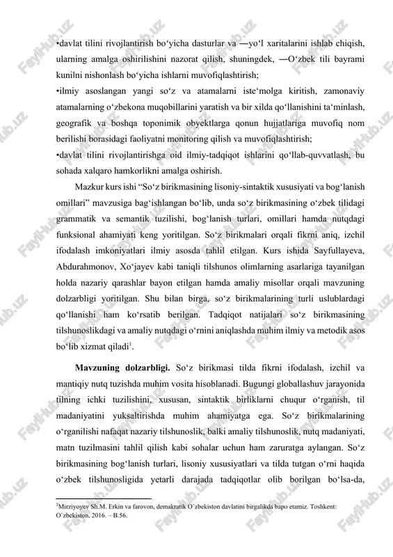 n va farovon, demakratik o`zbekiston davlatini birgalikda bapo etamiz. toshkent: o`zbekiston, 2016. – b.56.] mavzuning dolzarbligi. so‘z birikmasi tilda fikrni ifodalash, izchil va mantiqiy nutq tuzishda muhim vosita hisoblanadi. bugungi globallashuv jarayonida tilning ichki tuzilishini, xususan, sintaktik birliklarni chuqur o‘rganish, til madaniyatini yuksaltirishda muhim ahamiyatga ega. so‘z birikmalarining o‘rganilishi nafaqat nazariy tilshunoslik, balki amaliy tilshunoslik, nutq madaniyati, matn tuzilmasini tahlil qilish kabi sohalar uchun ham zaruratga aylangan. so‘z birikmasining bog‘lanish turlari, lisoniy xususiyatlari va tilda tutgan o‘rni haqida o‘zbek tilshunosligida yetarli darajada tadqiqotlar olib borilgan bo‘lsa-da, zamonaviy adabiy til va nutqiy faoliyatda bu masalalarning doimo yangicha tahlil etilishi dolzarb hisoblanadi. ayniqsa, bugungi o‘zbek tilining rivojlanish bosqichida, maktab ta’limidan tortib, ilmiy uslubgacha bo‘lgan bosqichlarda so‘z birikmalarining o‘rni beqiyosdir. shu bois, ushbu mavzuni tadqiq qilish hozirgi davr tilshunosligi uchun dolzarb bo‘lib, o‘zbek tili sintaksisini chuqurroq anglashda muhim ilmiy asos bo‘lib xizmat qiladi. kurs ishining maqsadi. ushbu kurs ishining asosiy maqsadi — so‘z …