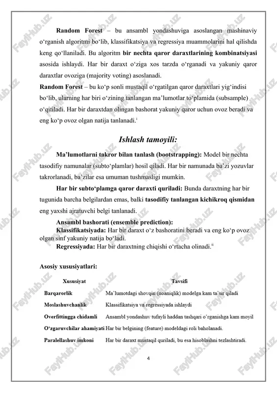 subto‘plamga qaror daraxti quriladi: bunda daraxtning har bir tugunida barcha belgilardan emas, balki tasodifiy tanlangan kichikroq qismidan eng yaxshi ajratuvchi belgi tanlanadi. ansambl bashorati (ensemble prediction): klassifikatsiyada: har bir daraxt o‘z bashoratini beradi va eng ko‘p ovoz olgan sinf yakuniy natija bo‘ladi. regressiyada: har bir daraxtning chiqishi o‘rtacha olinadi.[endnoteref:2] [2: géron, a. (2019). hands-on machine learning with scikit-learn, keras, and tensorflow. o'reilly media] asosiy xususiyatlari: afzalliklari: 1. yuqori aniqlik beradi. 2. katta hajmdagi ma’lumotlar bilan ishlay oladi. 3. noto‘liq ma’lumotlar yoki kategoriyalashgan (katta bo‘lmagan) belgilar bilan ham samarali. 4. belgilar muhimligini aniqlash imkonini beradi. kamchiliklari: 1. modelni tushunish va izohlash (interpretatsiya) qiyin. 2. juda katta daraxtlar soni hisoblash vaqtini oshiradi. 3. ko‘p resurs talab qiladi (xotira va protsessor). algoritm arxitekturasi: tabiiy tilni qayta ishlash tushunchasi tabiiy tilga ishlov berishda (inglizcha – natural language processing, qisqacha nlp) sun’iy intellekt sohasining bir bo‘limi bo‘lib, inson tilida yozilgan yoki aytilgan matnni kompyuter tomonidan …