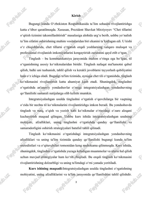 shgan yondashuvda tinglashni o‘rgatish, o‘quvchilarni bir vaqtning o‘zida bir nechta til ko‘nikmalarini – tinglash, o‘qish, yozish va nutqni rivojlantirishga yo‘naltiradi. shuningdek, bu usul o‘quvchilarga o‘rganilayotgan tilni real hayotda samarali qo‘llash imkonini beradi. shunday qilib, integratsiyalashgan usulda tinglashni o‘rgatishning dolzarbligi, uning til o‘rganish jarayonidagi samaradorligini oshirishda, o‘quvchilarning tilni tez va samarali o‘zlashtirishda o‘rni katta ekanligida namoyon bo‘ladi. 1.1.integratsiyalashgan usulning mohiyati va afzalliklari integratsiyalashgan usul (integrated approach) – bu ta'lim jarayonida bir nechta bilim sohalarini va ko‘nikmalarni birlashtirib, o‘quvchilarni kompleks ravishda o‘rgatish prinsipiga asoslangan yondashuvdir. bu usulning asosiy maqsadi o‘quvchilarga til ko‘nikmalarini yagona tizim sifatida taqdim etishdir. til o‘rganishda alohida ko‘nikmalar – tinglash, o‘qish, yozish va nutq – bir-biri bilan o‘zaro bog‘langan va bir-birini to‘ldiruvchi jarayon sifatida qaraladi. integratsiyalashgan usulda barcha ko‘nikmalarni bir vaqtda rivojlantirishga katta e'tibor qaratiladi. bu yondashuvda, masalan, tinglash va o‘qish ko‘nikmalari o‘rtasidagi bog‘liqlikni ochib berish orqali, o‘quvchilar bir vaqtning o‘zida tilni tushunish, o‘qish va tinglash ko‘nikmalarini takomillashtiradilar. shuningdek, …