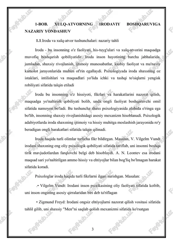 k. levin: iroda insonning motivatsion holati bilan bog'liq bo'lib, uni ichki kuch va tashqi talablar o'rtasidagi muvozanatni saqlash vositasi sifatida baholagan iroda shaxsning quyidagi xususiyatlariga asoslanadi: • maqsadga yo'naltirilganlik: inson iroda yordamida o'z faoliyatini belgilangan maqsad sari yo'naltiradi • o'z-o'zini nazorat qilish: bu irodaning asosiy mexanizmi bo'lib hissiyotlar va harakatlarni boshqarishga imkon beradi • qaror qabul qilish qobiliyati: iroda insonni aniq qarorlar qabul qilishiga undaydi . xulq-atvor esa insonning ichki va tashqi omillar tasirida amalga oshiriladigan harakatlar yig'indisi sifatida qaraladi. bu jarayon ongli yoki ongsiz shaklda roy beradi. xulq-atvorni boshqarish jarayoni esa iroda kuchiga tayanadi. bu boshqaruv o'zida quyidagi jihatlarni mujassam etadi: • ratsionallik: harakatlar va qarorlar maqsadga muvofiq amalga oshiriladi. • nazorat gilish qobiliyati: inson oz harakatlarini boshqaradi va kerak bo'lganda to'xtata oladi. • moslashuvchanlik: sharoit va vaziyatga qarab xulq-atvorni moslashtirish. shunday qilib, iroda va xulq-atvor bir-birini to"ldiruvchi tushunchalar bo'lib, insonning ijtimoiy va shaxsiy rivojlanishida muhim o'rin tutadi. iroda …