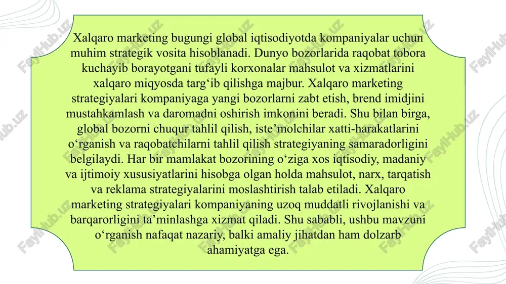 oliq yuklari hisobga olinadi. narx siyosati iste’molchilarning xarid qobiliyati va raqobatchilar narxlari bilan moslashadi. strategiyalar eksport narxini aniqlash, chegirmalar va aksiyalarni belgilashni o‘z ichiga oladi. mahalliy bozor sharoitlariga qarab narxlarni moslashtirish daromadni oshirish imkonini beradi. shu bilan birga, global brend imidjini saqlash muhimdir. narx strategiyalari mahsulotning qiymatiga nisbatan iste’molchi qoniqishini ta’minlaydi. natijada, kompaniya global bozorda raqobatbardosh bo‘lib qoladi. 1 tarqatish strategiyalari mahsulotning iste’molchiga yetib borish yo‘llarini belgilaydi. global bozorda distribyutorlar, chakana savdo va elektron savdo kanallari muhim o‘rin tutadi. reklama strategiyalari brendni targ‘ib qilish va iste’molchi xabardorligini oshirishga qaratilgan. 2 kommunikatsiya kanallarini tanlashda madaniyat, til va media odatlari inobatga olinadi. strategiyalar mahsulotni samarali bozorga chiqarish va raqobatchilardan ajralib turishni ta’minlaydi. raqamli marketing vositalari amaliyotda samaradorlikni oshiradi. 3 shu tarzda kompaniya marketing kampaniyalarini global miqyosda optimallashtiradi. natijada, strategiyalar kompaniyaning daromad va bozor ulushini oshirishga xizmat qiladi. raqobatbardosh strategiyalar kompaniyaning global bozordagi o‘z o‘rnini aniqlashga qaratilgan. bozor segmentatsiyasi iste’molchilar guruhlarini iqtisodiy, madaniy …