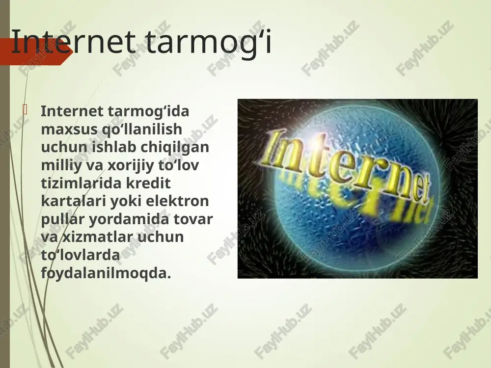 tizim qatnashchilarining javobgarlik (majburiyatlari) darajasi (masshtabi). 3. xavfsizlik darajasi (ishonchlilik, tizimga kirishga qarshi tura olish, maxfiylik). 4. salohiyatli mijozlarni jalb qilish darajasi. 5. interfeysning qulayligi. hozirga qadar yuzdan ortiq to‘lov tizimlari ishlab chiqilgan. ularning soni doim ortib boradi. yurtimiz mustaqillikka erishganidan so'ng, mamlakatimiz miqiyosida elektron to'lov tizimlari (ett) birinchi bor bank tizimiga joriy etish ishlab chiqildi va uni joriy etish 1994 yil 18 martdagi vazirlar maxkamasining 146-sonli «bank tizimini takomillashtirish va pul-kredit muomalasini barqarorlashtirish chora-tadbirlari to'grisida»gi nizom asosida amalga oshirila boshlagandi. bank sohasidagi elektron to'lovlar tizimi-bu qog'ozsiz texnologiyaga va markaziy bankning elektron pochtasi vositalari bilan ma'lumotlarni uzatishga va qabul qilishga asoslangan umumdavlat to'lov tizimidir. davlat va siyosat arboblari, faylasuflar va jamiyatshunos olimlar, sharhlovchi va jurnalistlar bu davrni turlicha ta'riflab, har xil nomlar bilan atamoqda. kimdir uni og'irliksak texnologiyalar zamoni desa, kimdir tafakkur asri, yana birov yalpi axborotlashuv davri sifatida izohlamoqda. bugungi kunda zamonaviy axborot maydonidagi harakatlar shu qadar tig'iz, shu …