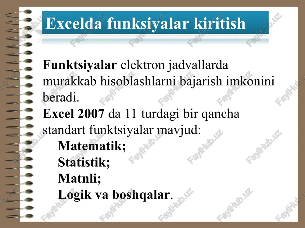 1 tansh 1 son giperbolik tangens qiymatini hisoblaydi. 22 gradusi 1 burchak radianni gradusga o`tkazadi. 23 znak 1 son agar son musbat bo`lsa 1, nolga teng bo`lsa 0 va manfiy bo`lsa -1ni qaytaradi. 24 koren 1 son sonning kvadrat ildizini qaytaradi. 25 mobr 1 massiv teskari matritsani qaytaradi. 26 mopred 1 massiv matritsaning determinantini qaytaradi. 27 mumnoj 2 massiv,massiv matritsaning ko`paytmasini qaytaradi. 28 ostat 2 son, bo`luvchi qoldiqni qaytaradi. 29 otbr 2 son, son sonning o`nli kasr qismini son bo`yicha yaxlitlaydi. 30 pi - - pi ni 15 xona aniqlikda qaytaradi 31 proizved ko`p son, son, .... sonlarning ko`paytmasini hisoblaydi. 32 radiani 1 burchak gradusni radianga o`tkazadi. 33 rimskoe 2 son, forma sonni rim raqamga o`tkazadi. 34 stepen 2 son. son sonni darajaga ko`taradi. 35 summ ko`p son, son, .... sonlarning yig`indisini hisoblaydi № funksiya nomi argument soni argument tipi vazifasi 1 korenpi 1 son sonni piga ko`paytirib, kvadrat ildiz …