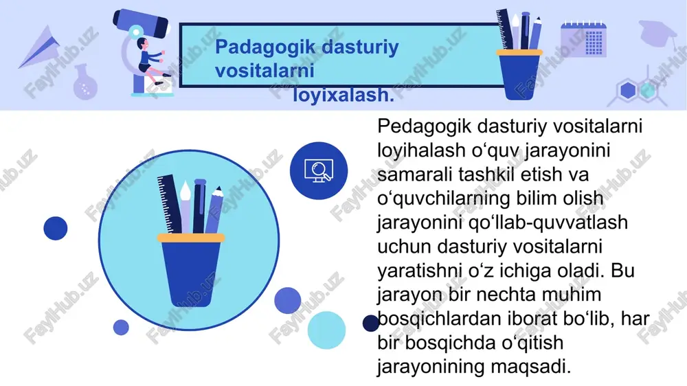 . texnik nosozliklar dasturiy ta’minotdagi xatoliklar va buzilishlar o‘quv jarayonini to‘xtatishi mumkin. kompyuter yoki qurilmalar ishlamay qolishi natijasida o‘quvchilar bilim olish imkoniyatidan mahrum bo‘lishi ehtimoli mavjud. 3. tayyorlov va foydalanishdagi qiyinchiliklar pedagoglar hamda o‘quvchilarning texnologik vositalardan foydalanish ko‘nikmalari yetarli bo‘lmasligi ta’lim samaradorligini pasaytirishi mumkin. o‘qituvchilarni maxsus treninglardan o‘tkazish uchun vaqt va moliyaviy resurslar talab etiladi. title text addition 4. shaxsiy muloqotning kamayishi pedagogik dasturiy vositalar ta’lim jarayonini avtomatlashtirsa-da, o‘qituvchi va o‘quvchi o‘rtasidagi shaxsiy muloqotni kamaytirishi mumkin. jamoaviy ishlash ko‘nikmalarini rivojlantirish imkoniyatlari cheklanishi ehtimoli mavjud. 5. o‘quvchilarni nazorat qilishning murakkabligi o‘quvchilarni masofaviy ta’limda faol nazorat qilish qiyin. masalan, ular topshiriqlarni mustaqil bajarmasligi yoki darsga diqqatini jalb qilmasligi mumkin. e‘tiboringiz uchun raxmat! image9.emf image10.emf image11.emf image12.emf image13.emf image1.emf image2.emf image3.emf image4.emf image5.emf image6.emf image7.emf image8.emf image16.emf image14.emf image15.emf