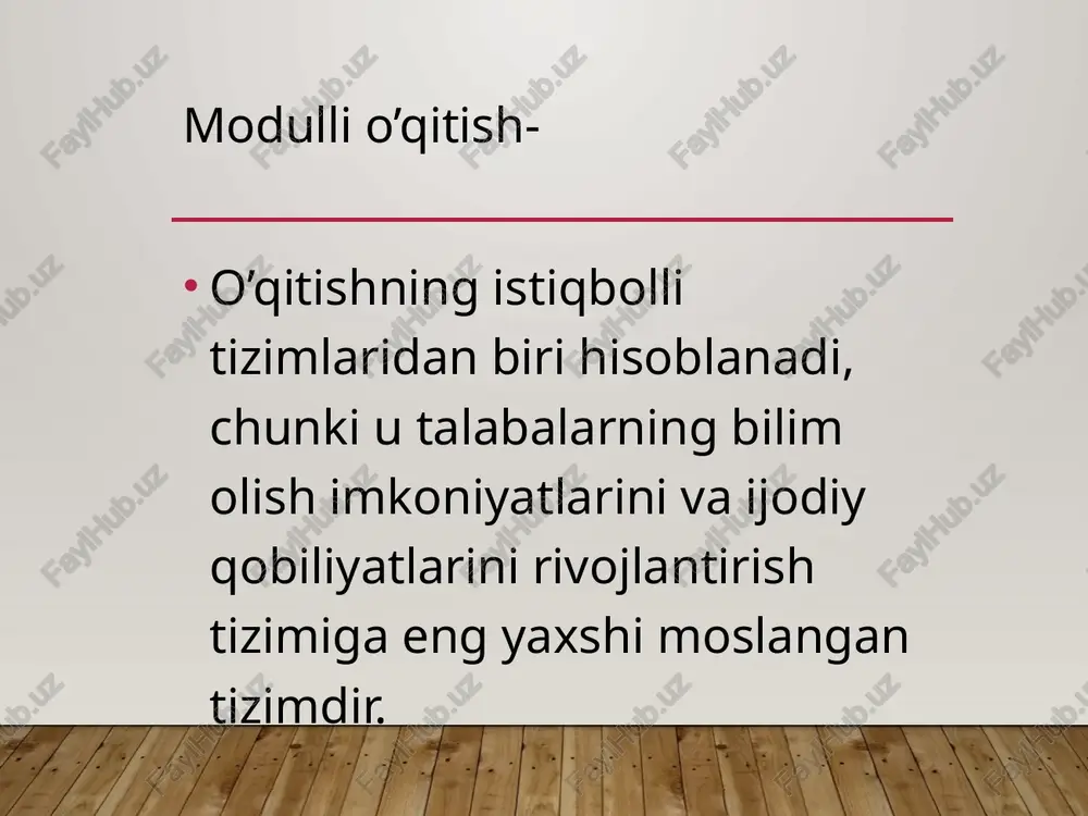 5 - d 6 - s assisment nazoratining mohiyati nimada? blok so’rov nazoratining mohiyati nimada? 1 tuzuvchi ishmuhamedov r.j. 23 “assesment” texnikasi (assesment (assesment) – o'z-o'zini taqdimot qilish, ma'lum bir sinovdan o'tish). test muammoli vaziyat simptom amaliy ko’nikma 23 23 1 tuzuvchi ishmuhamedov r.j. 24 test pedagogik texnologiya ... a. pedagogik mahorat v. pedagogik san’at s. zamonaviy shakllar d. pedagogik metodlar muammoli vaziyat simptom pedagogik texnologiyaning asosiy belgisi-bu... amaliy ko’nikma yakka tartibda to'latiladi 24 24 blok sinov 1. texnologik yondashuv va reproduktiv yondashuvni taqqoslang hamda farqini toping. 2. “modul” tushunchasiga nisbattan klister tuzing. 3.mavzu yuzasidan modul natijalarini ishlab chiqing. 4.modulli yondashuv nazorat jarayoniga qanday talablar qo’yiladi? talabaning faolligiga ko’ra passiv o’qituvchi talaba talaba talaba talabaning faolligiga ko’ra interfaol o’qituvchi talaba talaba talaba interfaol metodlarning xususiyatlari xususiyatlar turli fikr dialog ijod tanlash erkinligi muvvafaqiyat muhiti reflekslar fikrlash e’tiboringiz uchun raxmat! image2.gif image3.gif image4.gif image5.gif image6.jpeg image7.jpeg image1.jpg /docprops/thumbnail.jpeg