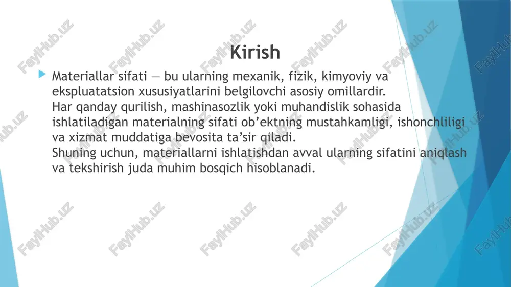 standart sharoitda sinov o‘tkazish. o‘lchov natijalarini qayd etish va tahlil qilish. sinov protokollarini tuzish. natijalarni texnik reglamentlarga solishtirish. har bir sinov xalqaro iso, astm yoki o‘z dst standartlariga asoslanadi. xulosa materiallar sifatini tekshirish — bu ishlab chiqarishning ajralmas qismi bo‘lib, mahsulot ishonchliligi, xavfsizligi va iqtisodiy samaradorligini ta’minlaydi. buzuvchi va buzmasdan sinovlar, kimyoviy tahlillar hamda zamonaviy texnologiyalar yordamida materiallar sifati aniq baholanadi. natijada, texnik xatoliklar kamayadi, resurslardan tejamkor foydalanish ta’minlanadi va ishlab chiqarish darajasi oshadi. foydalanilgan adabiyotlar: usmonov i., “materiallar qarshiligi va sifat nazorati”, toshkent, 2022. shirinov a., “qurilish materiallari va ularning sinov usullari”, tmi nashriyoti, 2021. astm international standards, 2020. iso 9001:2015 – quality management systems. /docprops/thumbnail.jpeg
