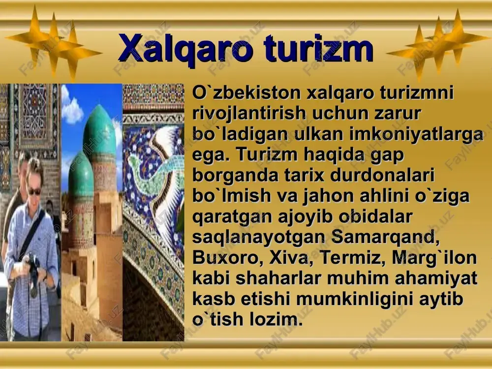 lqaro turizmga aloqadordir. turistik resurslarga ega bo`lgan har bir mamlakat o`z hududida, ayniqsa, xalqaro turizmni rivojlantirishga xarakat qiladi. negaki, maqsad aniq - iqtisodiy manfaatdorlik. bu esa o`z - o`zidan sodir bo`ladigan masala emas. sarmoya va yana sarmoya kerak bo`ladi. iqtisodiyoti uncha rivojlanmagan mamlakatlar esa turizmga asosiy e'tiborni qaratsalar yomon bo`lmas edi.