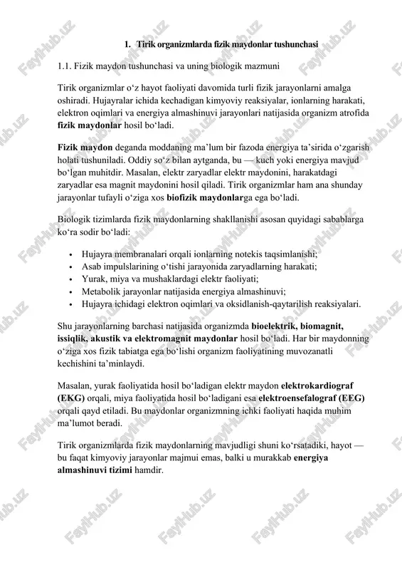 zik maydonlarning asosiy turlari tirik organizmlarda hosil bo‘ladigan fizik maydonlar o‘z tabiati va ta’sir yo‘nalishiga ko‘ra bir nechta asosiy turlarga bo‘linadi: 1.2.1. bioelektrik maydonlar hujayralarda natriy (na⁺), kaliy (k⁺), kaltsiy (ca²⁺) va xlor (cl⁻) ionlarining harakati natijasida membrana potensiali vujudga keladi. bu bioelektrik maydon nerv impulslarini o‘tkazish, yurak urish ritmini boshqarish va mushaklarning qisqarishini ta’minlaydi. masalan, asab hujayrasi dam olish holatida −70 mv, qo‘zg‘alish paytida esa +30 mv gacha o‘zgaruvchi potensial hosil qiladi. 1.2.2. biomagnit maydonlar organizmda yuzaga keladigan elektr oqimlari bilan birga magnit maydonlar ham hosil bo‘ladi. yurak faoliyati natijasida paydo bo‘ladigan magnit to‘lqinlar magnitokardiografiya, miya faoliyatida esa magnitoensefalografiya yordamida o‘lchanadi. bu maydonlar juda zaif (10⁻¹⁵ tesla) bo‘lsa-da, ular organizmdagi bioenergetik muvozanat haqida ma’lumot beradi. 1.2.3. issiqlik maydonlari metabolizm jarayonida energiyaning bir qismi issiqlikka aylanadi. har bir hujayra bu issiqlikni chiqarib, organizmning umumiy haroratini me’yorda saqlaydi. issiqlik maydonlarining buzilishi (masalan, issiqlik o‘zgarishi, gipertermiya yoki gipotermiya) organizm faoliyatida jiddiy muammolar …