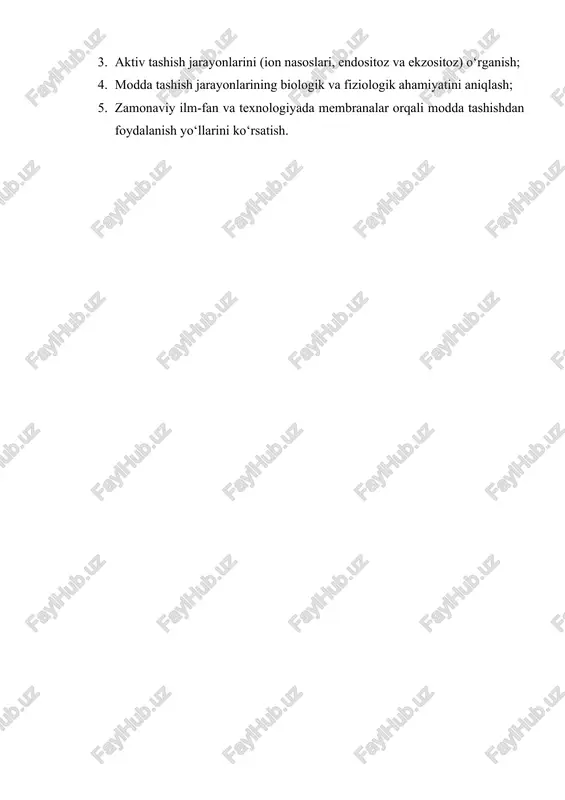 vazifasini bajaradi. 3. uglevodlar (glikokaliks) – asosan oqsil va lipidlarga birikkan holda uchraydi (glikoproteinlar va glikolipidlar). ular hujayraning “tashqi pasporti” bo‘lib, boshqa hujayralar bilan tanishish va signal almashinuvda muhim ahamiyatga ega. membranalar suyuq-mozaik model asosida tasvirlanadi. ushbu modelni 1972-yilda s. singer va g. nicolson taklif etgan. bu modelga ko‘ra, fosfolipid qatlam suyuq holatda bo‘lib, oqsillar esa unda “suzib yuradi”, ya’ni membrana dinamik tuzilma hisoblanadi. 1.3. membranalar turlari hujayrada bir nechta turdagi membranalar mavjud bo‘lib, ularning tuzilishi va vazifalari turlicha bo‘ladi: 1. plazmatik (tashqi) membrana bu hujayrani tashqi muhitdan ajratib turuvchi asosiy parda. u moddalarning kirib-chiqishini, signal molekulalarning qabul qilinishini va hujayra shaklini saqlashni ta’minlaydi. masalan, o‘simlik hujayralarida plazmatik membranadan tashqari qattiq hujayra devori ham mavjud bo‘ladi. 2. ichki membranalar eukariot hujayralarda organoidlar ichida joylashgan membranalar mavjud: · yadro membranasi — ikki qavatdan iborat bo‘lib, yadroni sitoplazmadan ajratadi. · mitoxondriya membranasi — ichki va tashqi qatlamlardan iborat, energiya hosil bo‘lishida ishtirok …