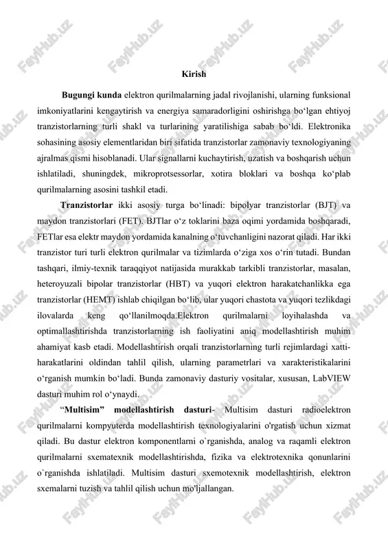 workbench national instruments corporation firmasi tarkibiga kiradi va bu firma ushbu dasturni mukammalashtirilgan variantlarini taklif etadi. multisim dasturining asosiy xususiyati shundaki, o‘lchash asboblarining analogini immitatsiya qiluvchi virtual o‘lchash asboblarini mavjudligidadir. multisim 14.0, ultiboard 14.0 hozirgi kunda keng foydalaniladigan va spice modellashtirishda elektr sxemalarini tahlil etish, pechat platalarini loyihalash testlash imkonini beradigan dasturlash versiyalari hisoblanadi. hulosa qilib: shuni aytish mumkinki, axborot muhiti sharoitida amaliy mashg‘ulotlarni bajarishda elektron dasturlarni keng qo‘llanilishi kursantlarda aktdan foydalanish kompetentligini shakllantirishga, pedagog va kursant o‘rtasidagi hamkorlik tamoyili o‘qitishning didaktik maqsadlari (axborot ta’limiy– kompyuter savodxonligi, elektron dasturlarni o‘rganish; rivojlantiruvchi - elektron dasturlardan foydalana olish, natijalarni olish va ularni qayta ishlash) ni samarali amalga oshishida hizmat qiladi. shuningdek, multisim dasturi yordamida tranzistorlarning ishlash tamoyillarini amaliy ko‘rinishda modellashtirish orqali talabalarda murakkab elektron sxemalarning ishlashini anglash, analiz qilish va natijalarni tahlil qilish ko‘nikmalari shakllanadi. bu esa nafaqat nazariy bilimlarni mustahkamlash, balki ularni amaliyotga tatbiq etish salohiyatini ham oshiradi. elektronika sohasida raqamli …