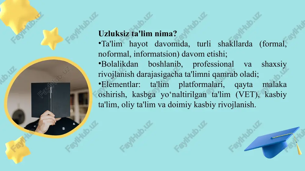 ar bo‘yicha imtihonsiz kredit beriladi. shunday qilib, u qisqaroq muddatda diplom oladi. 🔹 o‘zbekistonda holati: rpl tizimi hali to‘liq yo‘lga qo‘yilmagan, lekin uni joriy etish bo‘yicha dvv international va unesco kabi tashkilotlar bilan hamkorlikdagi pilot loyihalar mavjud. “uzluksiz ta’lim konsepsiyasi”da (2021–2025) rplni joriy etish — muhim ustuvor yo‘nalish sifatida belgilangan. lifelong learning — bu insonning butun hayoti davomida, har qanday yoshda, turli shakllarda (rasmiy, norasmiy yoki mustaqil) bilim, ko‘nikma va malakalarni o‘rganishi, rivojlantirishi va yangilab borishi jarayonidir. ya’ni bu faqat maktab yoki universitetda o‘qish emas, balki: ish joyida o‘rganish, onlayn kurslar, mustaqil o‘qish, hayotiy tajriba orqali o‘rganish ham kiradi. asosiy g‘oya: dunyo tez o‘zgarayotgan sharoitda (texnologiya, kasblar, mehnat bozori) inson doimiy o‘rganib borishi kerak. shu sababli ta’lim faqat bolalikdagi bosqich emas, balki hayotning har bir davrida zarur bo‘lgan faol jarayon sifatida qaraladi. turlari: formal ta’lim — maktab, kollej, oliy ta’lim kabi rasmiy tizim. noformal ta’lim — kurslar, treninglar, malaka oshirish …