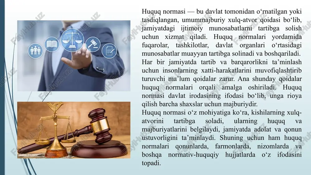 , ya’ni fuqaro qanday xatti-harakatni bajarishi kerakligi aytilgan. sanksiya — bu norma buzilgan taqdirda qo‘llaniladigan huquqiy javobgarlik choralarini belgilovchi qismdir. sanksiya yordamida norma buzilishining oldi olinadi, shaxslar o‘z xatti-harakatlari uchun javob berishadi. masalan: “aks holda u jarimaga tortiladi” degan jumlada sanksiya mavjud bo‘lib, u norma buzilganda qo‘llaniladigan chora ekanini bildiradi. huquq normasining bu uch elementi birgalikda jamiyatdagi tartib va adolatni ta’minlaydi. agar norma faqat bitta qismdan iborat bo‘lsa, u to‘liq ishlamaydi. shuning uchun huquqshunoslikda gipoteza, dispozitsiya va sanksiya huquq normasining tuzilish tayanchi sifatida qaraladi. huquq normasi uchta asosiy qismdan iborat: gipoteza, dispozitsiya va sanksiya. quyida bu qismlar abdullajon va feruza hayotidan olingan misollar orqali tushuntiriladi. 1. gipoteza (shart yoki holat) gipoteza huquq normasining qachon va kimga nisbatan qo‘llanishini ko‘rsatadi. masalan, abdullajon kichik tadbirkor sifatida o‘z do‘konini boshqaradi. qonun shunday deydi: “agar tadbirkor soliq to‘lovini belgilangan muddatda amalga oshirmasa, unga nisbatan javobgarlik chorasi qo‘llaniladi.” bu yerda “agar tadbirkor soliq to‘lovini belgilangan …